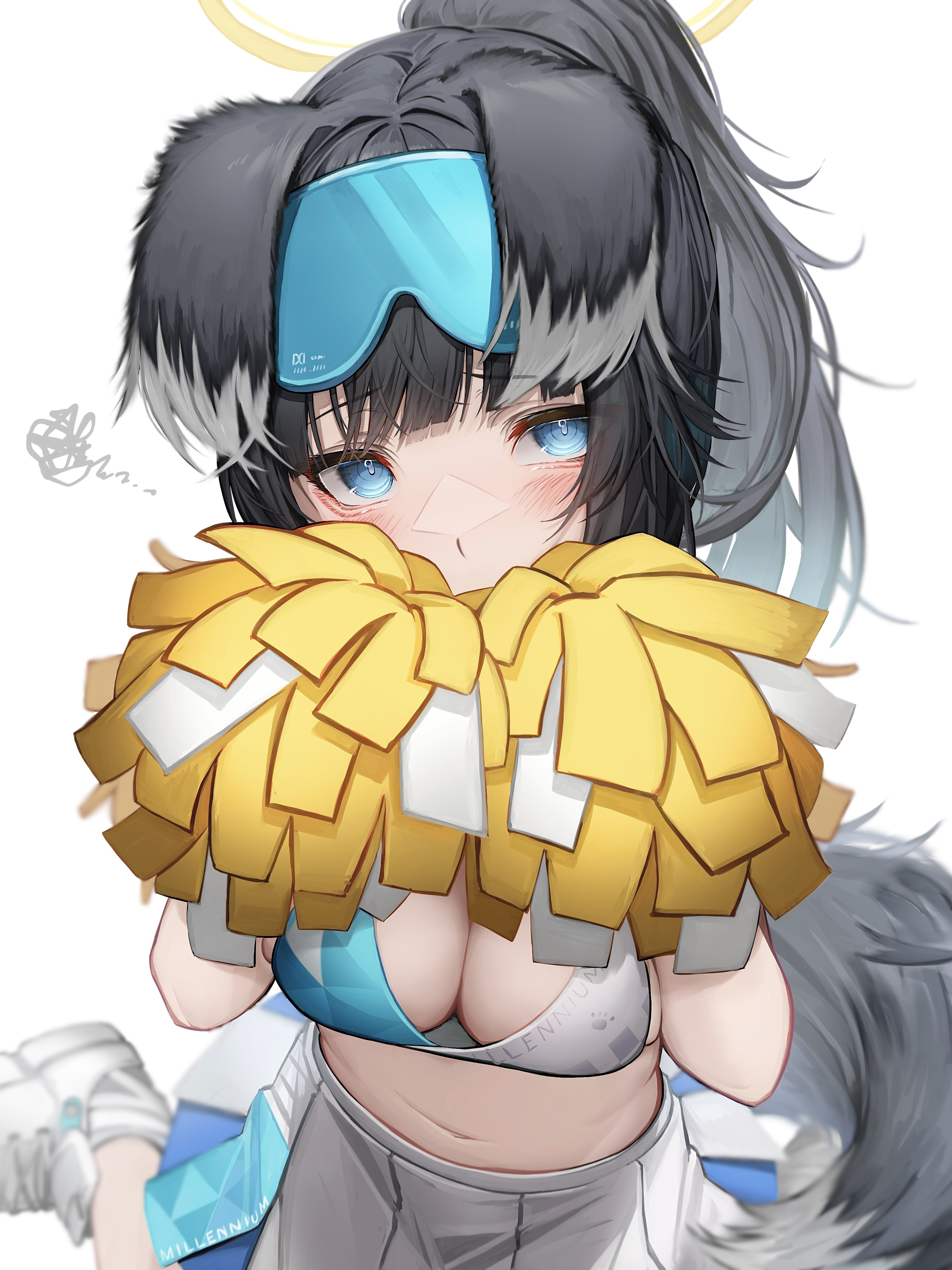 1girls, black hair, blue archive, blue eyes, blush, breasts, cheerleader, cheerleader uniform, cleavage, dog ears, dog girl, dog tail, engineering department (blue archive), female, hibiki (blue archive), hibiki (cheerleader) (blue archive), large breasts, millennium cheerleader outfit (blue archive), millennium science school student, pom pom (cheerleading), pom poms, sneakers, solo, solo female, solo focus, tab head, tagme, visor cap