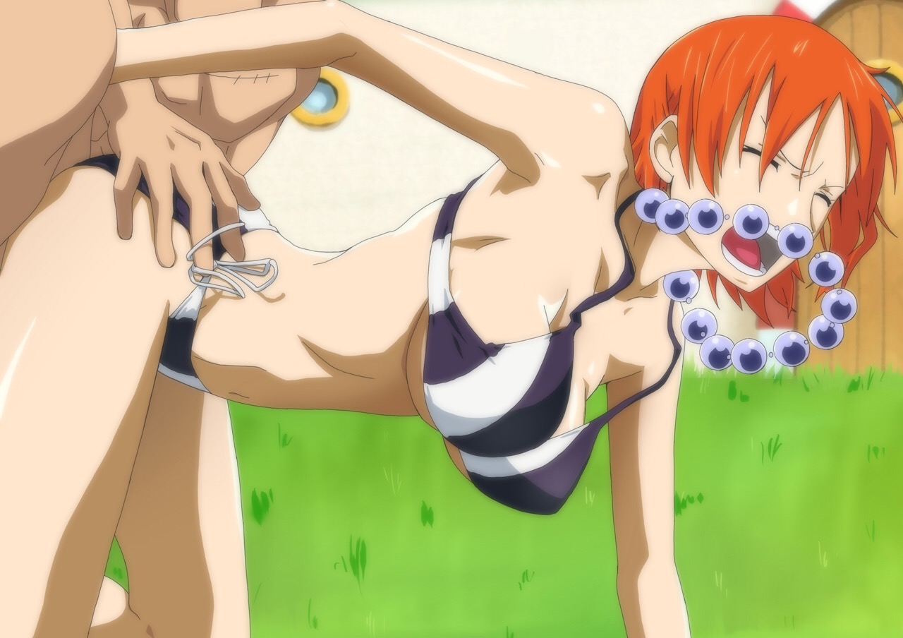 1boy, 1girls, bikini, bikini bottom, clothing, female, kyabakurabakufu, male, nami (one piece), one piece, one piece film strong world, orange hair, orange-haired female, pre-timeskip, roronoa zoro, short hair