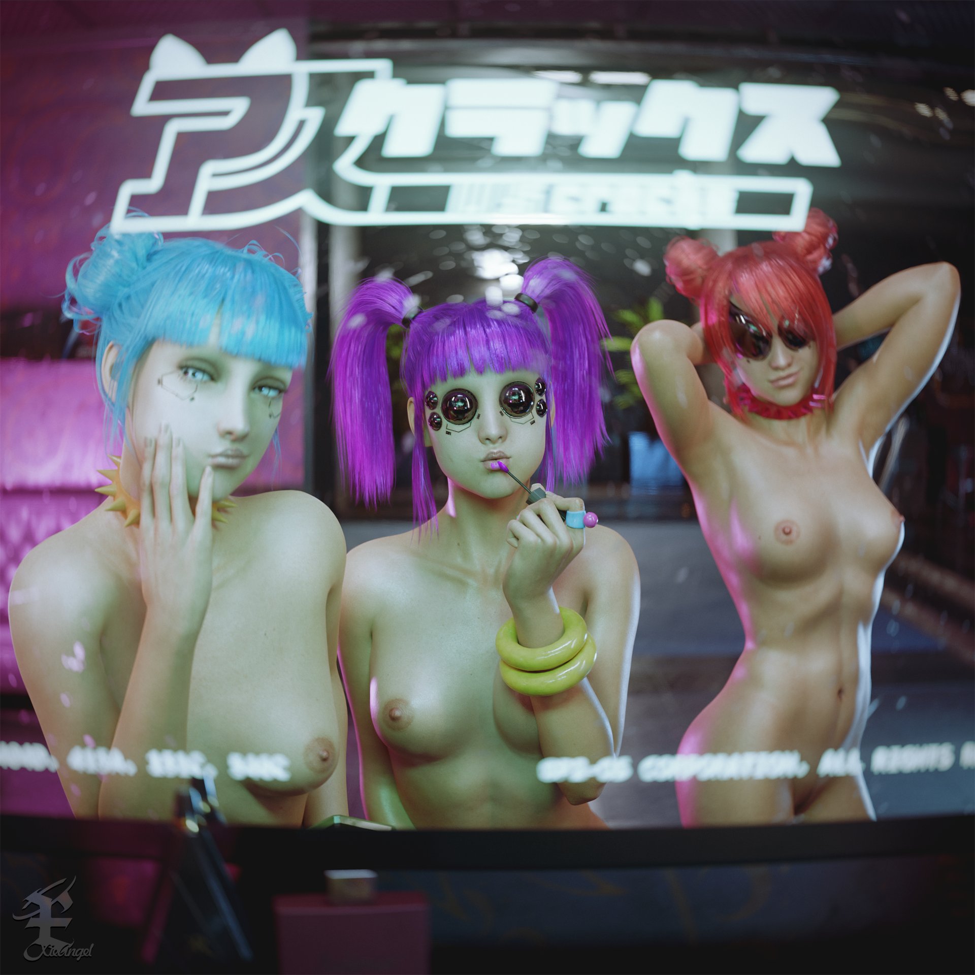 3d, areolae, blender, blue hair, blue moon (cyberpunk 2077), breasts, buns, cd projekt red, completely nude, cyberpunk 2077, female, female focus, female only, light skin, light-skinned female, looking at viewer, medium breasts, mirror, mirror reflection, nipples, nude, nude female, ponytail, pose, posing, presenting, purple force (cyberpunk 2077), purple hair, red hair, red menace (cyberpunk 2077), small breasts, trio, watermark, xieangel