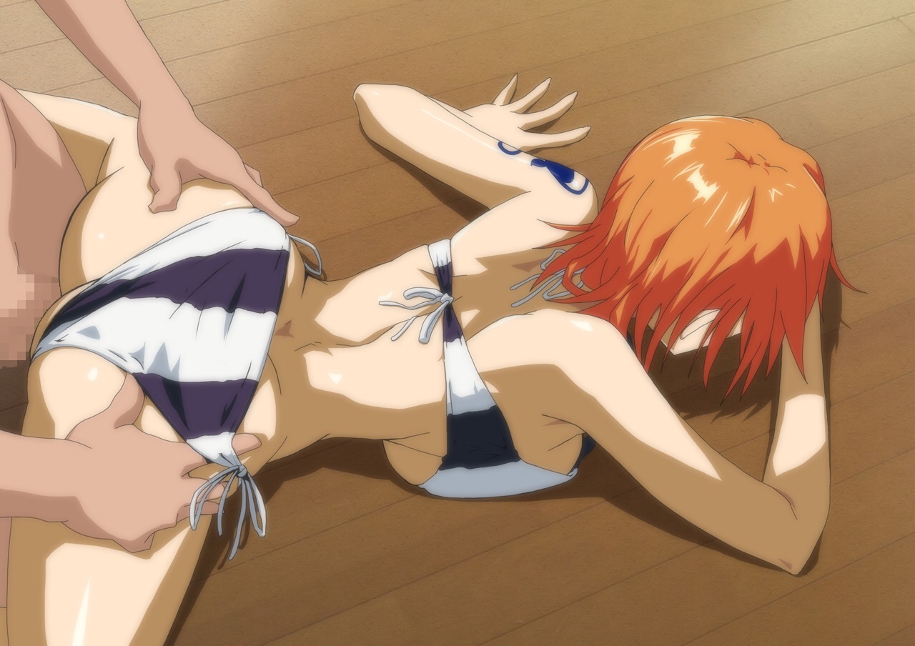 1boy, 1girls, arm tattoo, bikini, bikini bottom, blue tattoo, censored, censored penis, clothing, female, kyabakurabakufu, male, nami (one piece), one piece, one piece film strong world, orange hair, orange-haired female, penis, pre-timeskip, short hair, tattoo