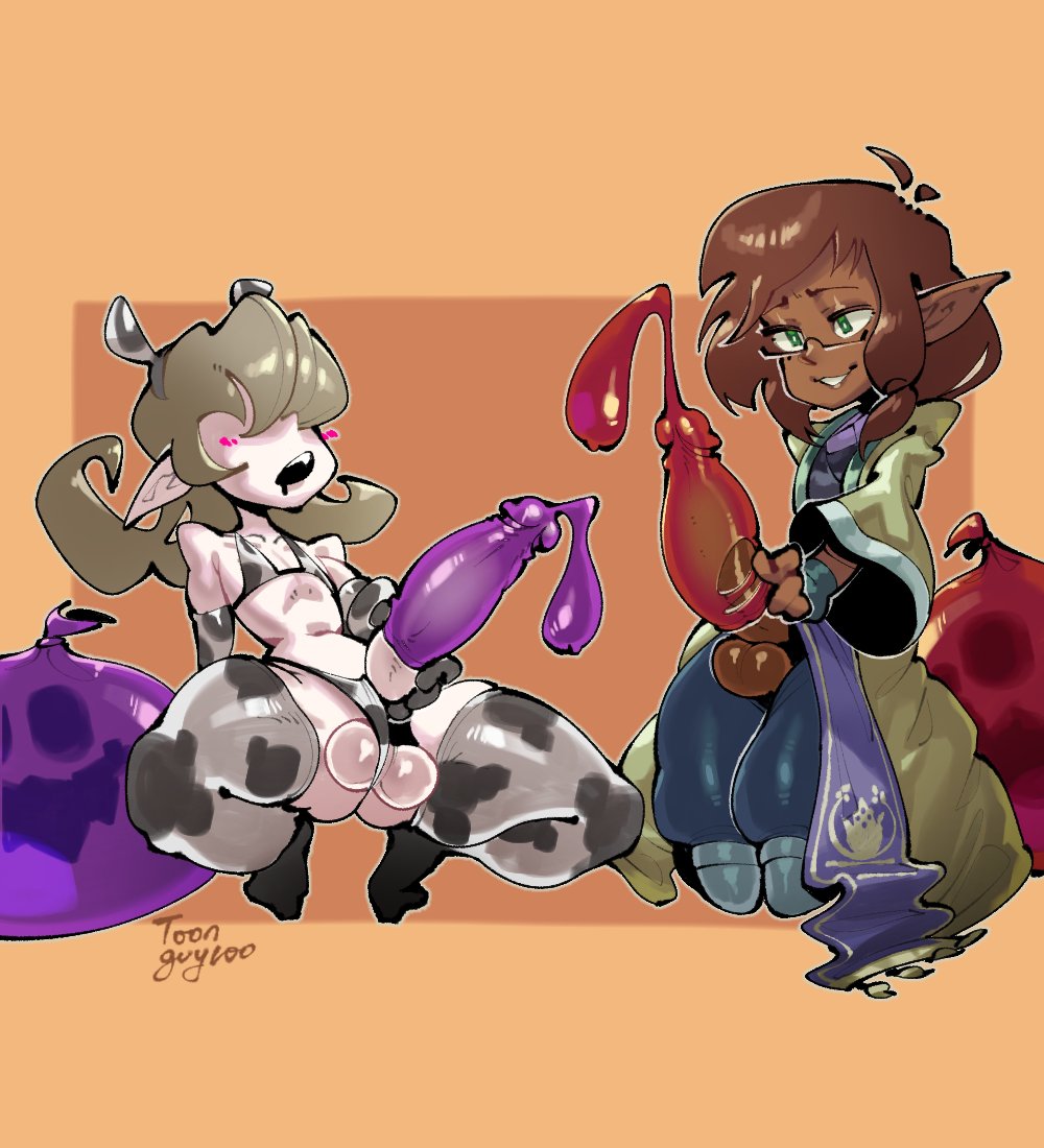 2022, 2boys, balls, big penis, bikini, blonde hair, brown hair, clothed, clothing, condom, condom balloon, condom filling, cow print, cum, dark skin, dark-skinned femboy, dark-skinned male, duo, ejaculation, elf, erection, femboy, glasses, hair over eyes, humanoid, humanoid penis, hung trap, light skin, light-skinned femboy, light-skinned male, long hair, male, male only, masturbation, mostly clothed, mostly nude, orgasm, penis, short hair, spread legs, squatting, thighhighs, toonguy100