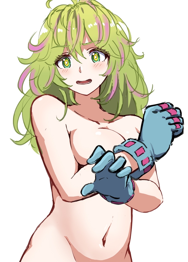 1girls, big breasts, blush, breasts, covered breasts, exposed torso, eye contact, female, female focus, female only, footwear, gloves, green eyes, green hair, green-haired female, hagakure tooru (visible), handwear, human, kooeiatd111020, light skin, long hair, looking at viewer, my hero academia, naked gloves, nude, nude female, solo, thick thighs, thighs, tooru hagakure, tooru hagakure (visible), upper body, wide hips