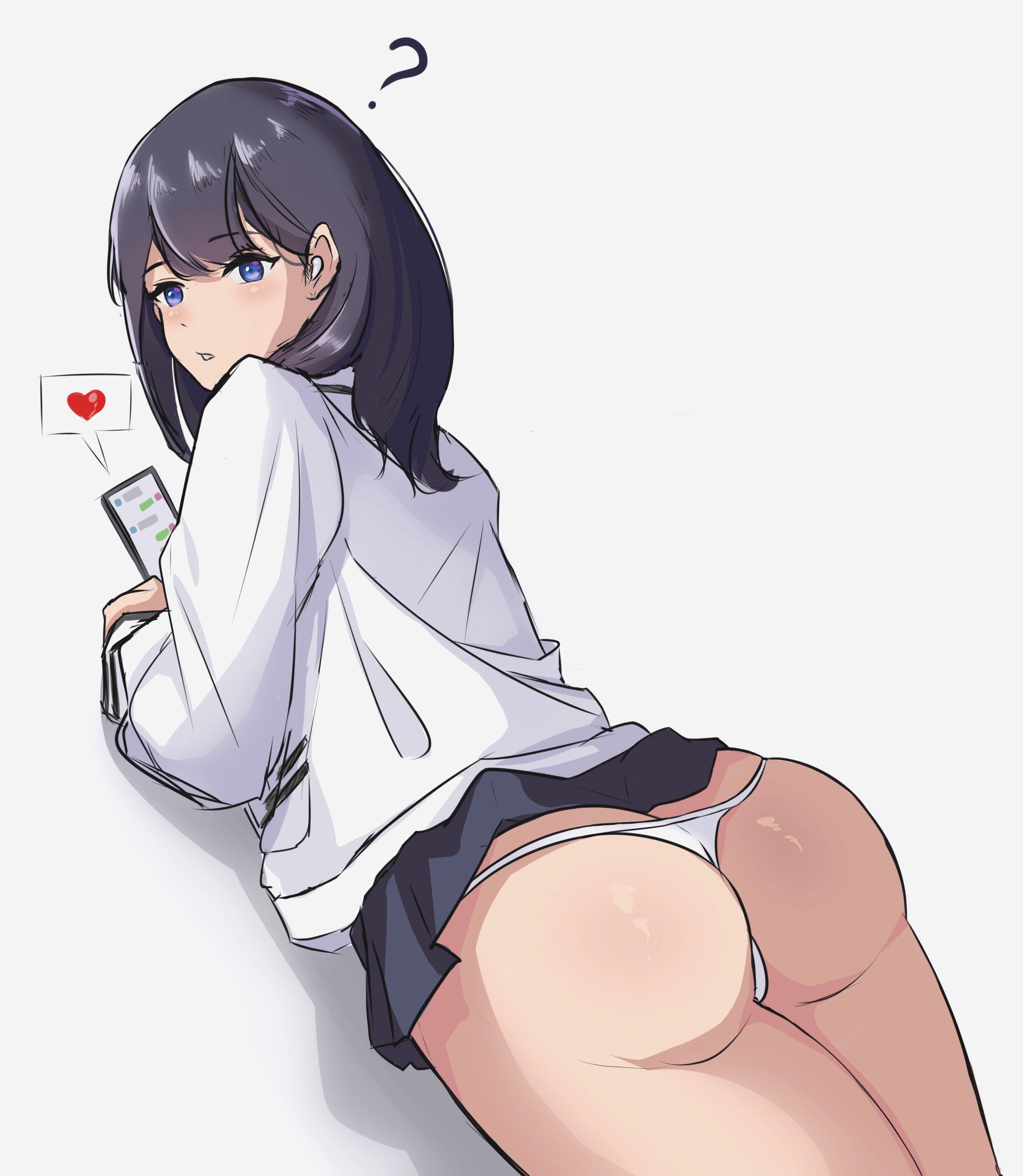 ?, 1girls, ass, big ass, black hair, blue eyes, breasts, erwu zai, eye contact, female, female only, light skin, long hair, looking at viewer, panties, phone, skirt, skirt lift, solo, ssss.gridman, takarada rikka, thick thighs