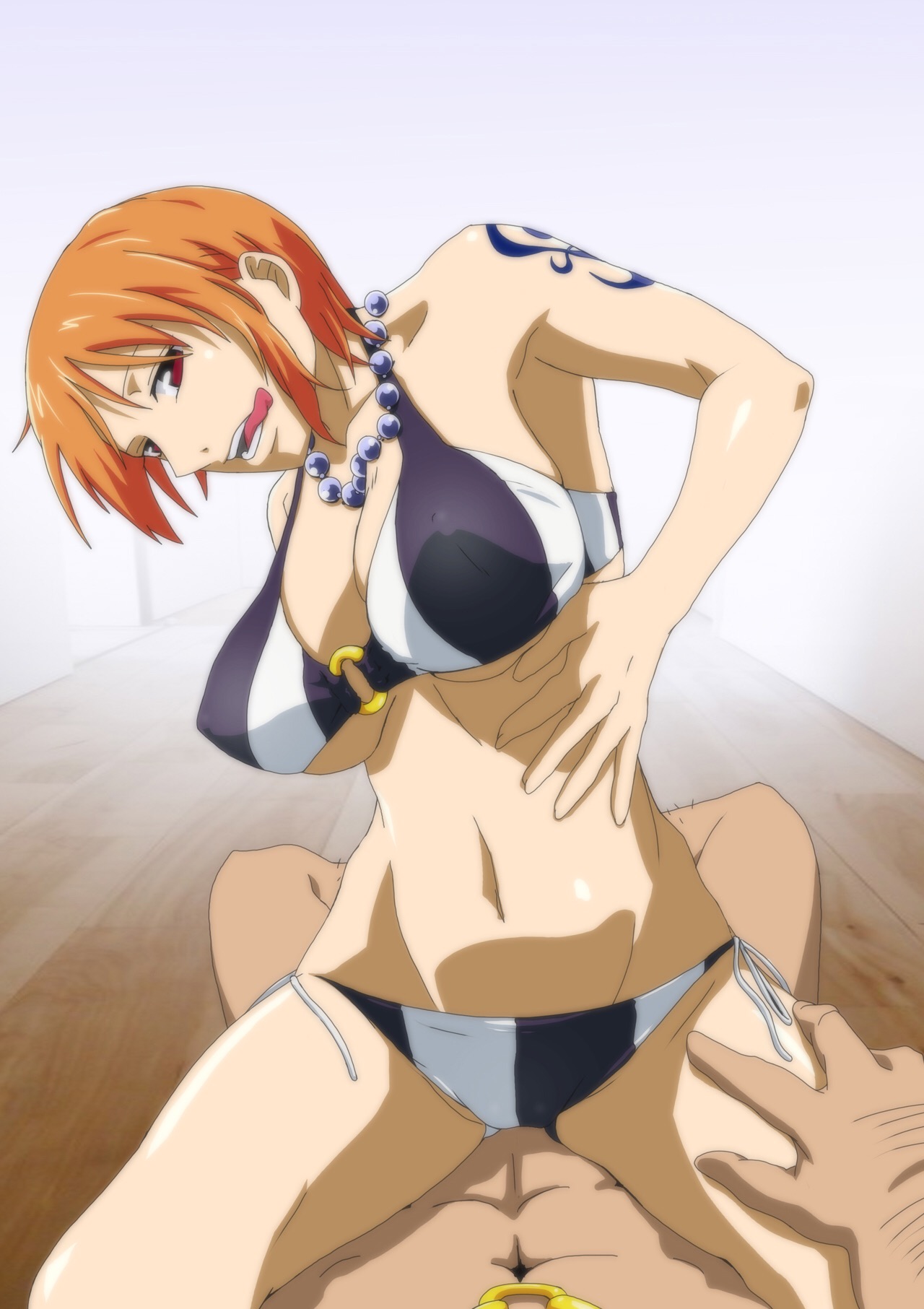 1boy, 1girls, arm tattoo, bikini, bikini bottom, blue tattoo, clothing, female, franky, kyabakurabakufu, male, nami (one piece), one piece, one piece film strong world, orange hair, orange-haired female, pre-timeskip, short hair, sitting on person, tattoo