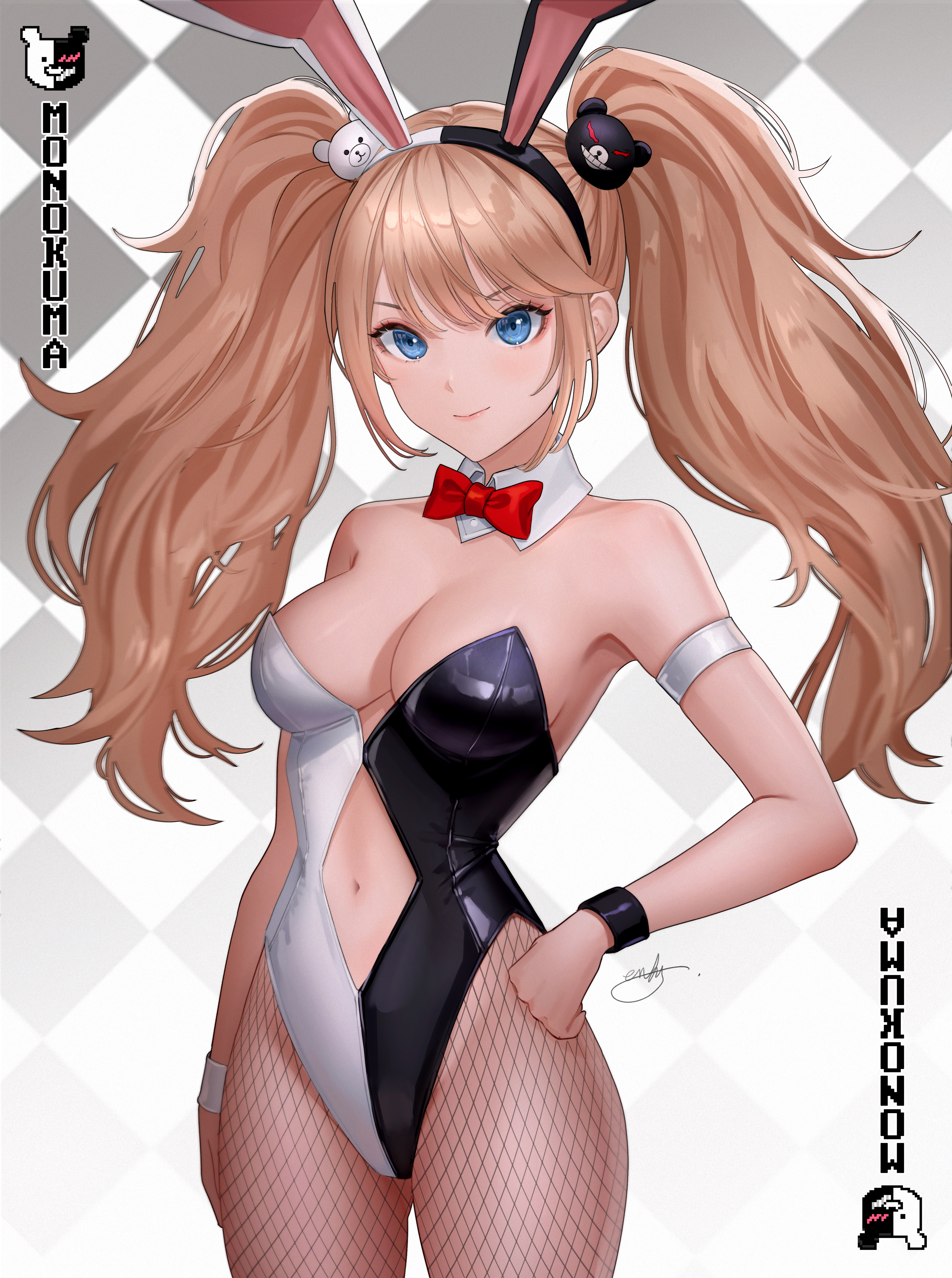 aendi en d endei, breasts, bunny ears, bunny girl, bunnysuit, cleavage, danganronpa, danganronpa 1, danganronpa: trigger happy havoc, female, female only, junko enoshima, large breasts, midriff, straight hair, tights