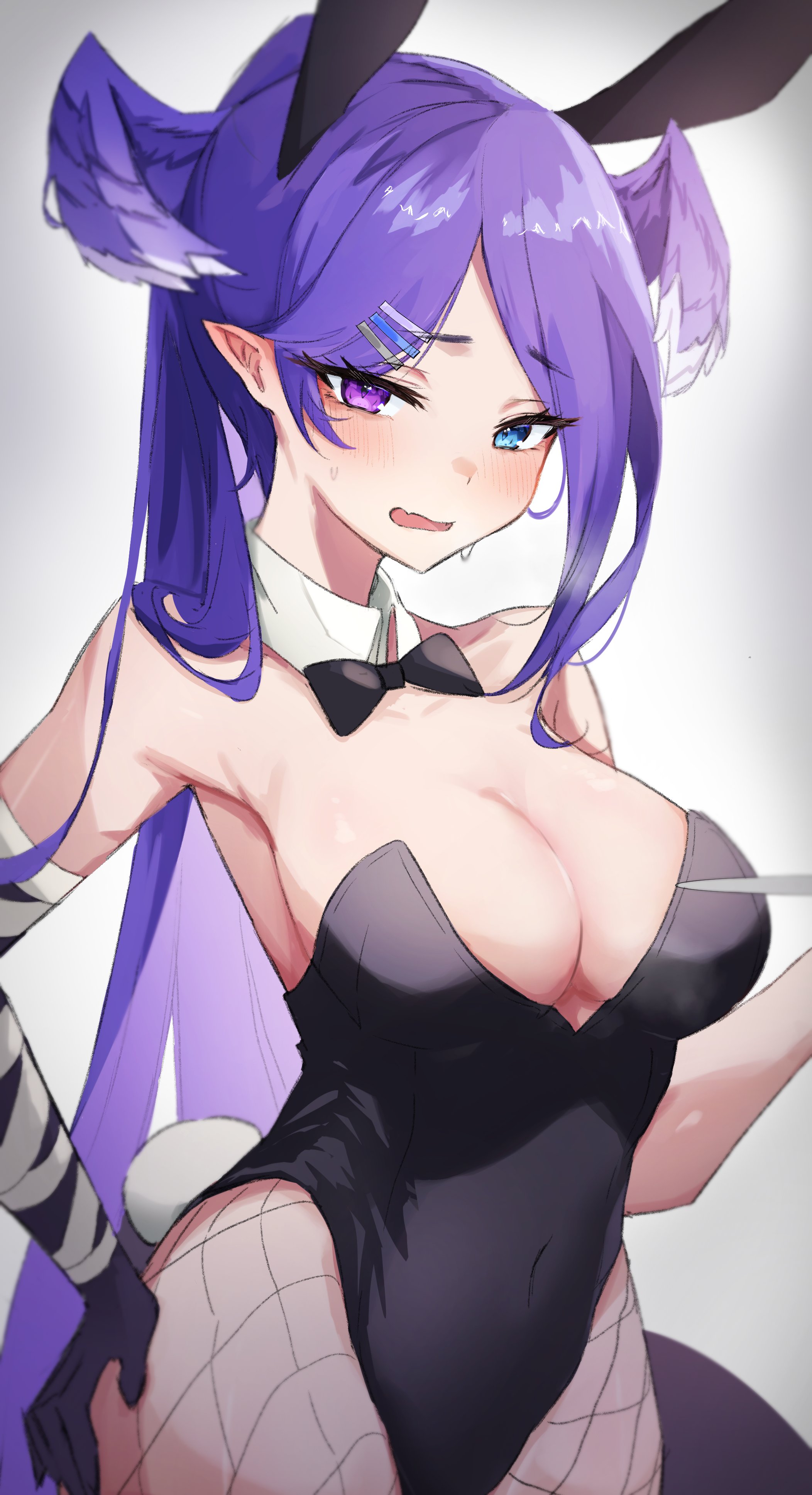 1girls, armpits, bare shoulders, belly button, big breasts, blush, breasts, bunny ears, bunnysuit, cleavage, dragon girl, embarrassed, exposed shoulders, female, fishnet legwear, fishnet pantyhose, hair wings, hairclip, head wings, heterochromia, large breasts, long ponytail, looking at viewer, navel, nijisanji, nijisanji en, ponytail, purple hair, ribbon, ruru nnnn, selen tatsuki, solo, solo female, solo focus, sweatdrop, tight fit, virtual youtuber