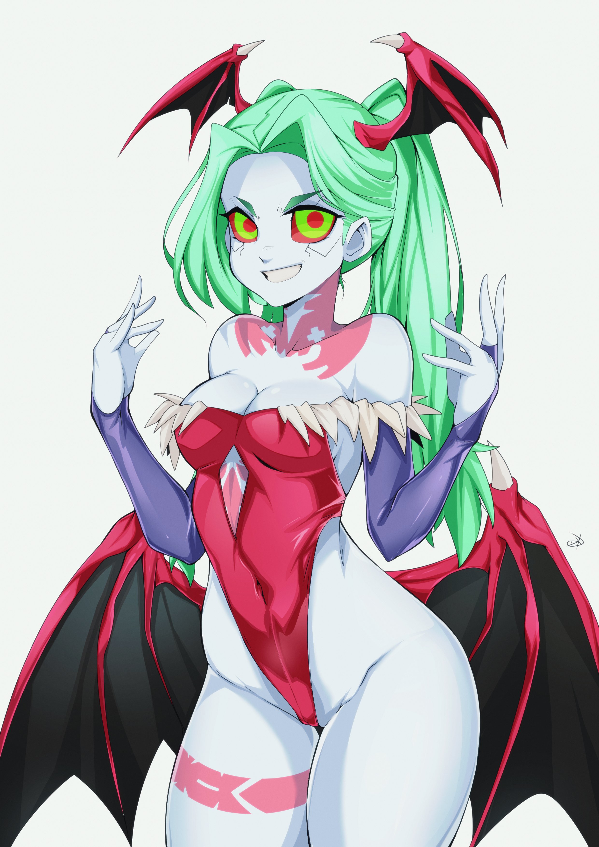 1girls, armwear, body markings, breasts, clothing, cybernetics, cyberpunk 2077, cyberpunk: edgerunners, cyborg, darkstalkers, delux, eye contact, female, female only, green eyes, halloween, leotard, lilith aensland (cosplay), looking at viewer, rebecca (edgerunners), red sclera, small breasts, solo, twintails