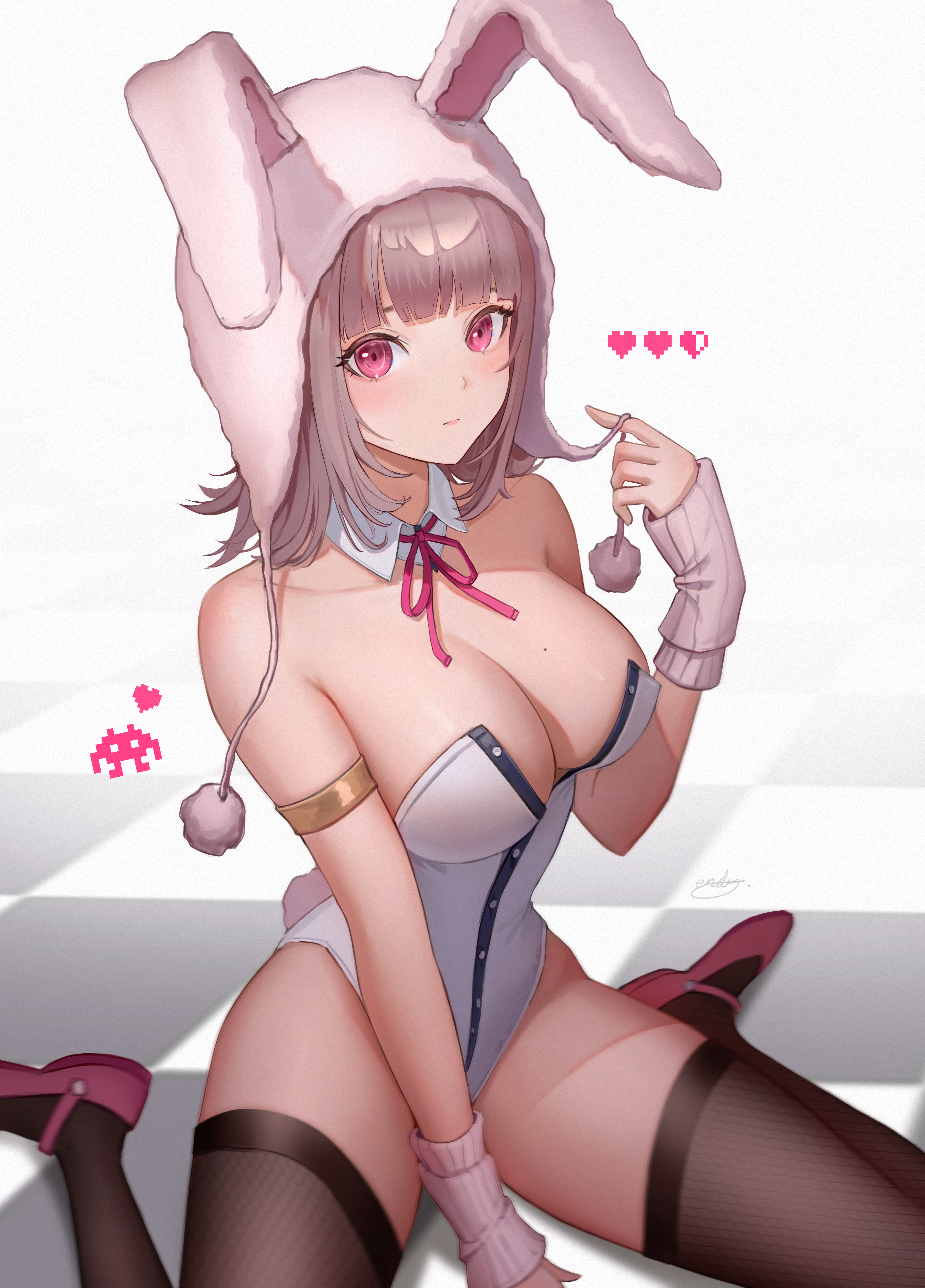 1girls, aendi en d endei, blush, breasts, bunny ears, bunny girl, bunny tail, bunnysuit, cleavage, danganronpa, danganronpa 2: goodbye despair, female, female only, fishnet legwear, fishnets, hat, heart, large breasts, light skin, light-skinned female, looking at viewer, mary janes, mole, mole on breast, nanami chiaki, pink eyes, pom pom (clothes), ribbon, shoes, short hair, solo, straight hair, super danganronpa 2, thick thighs, thighs, white background