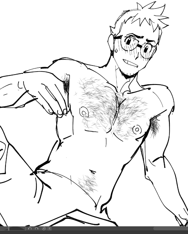 1boy blush dr._utsugi elm_(pokemon) gay glasses hairy hairy_armpits hairy_chest hairy_male male male_only monochrome nerd nervous nervous_smile nioseptem pokemon solo solo_male stubble utsugi_(pokemon)