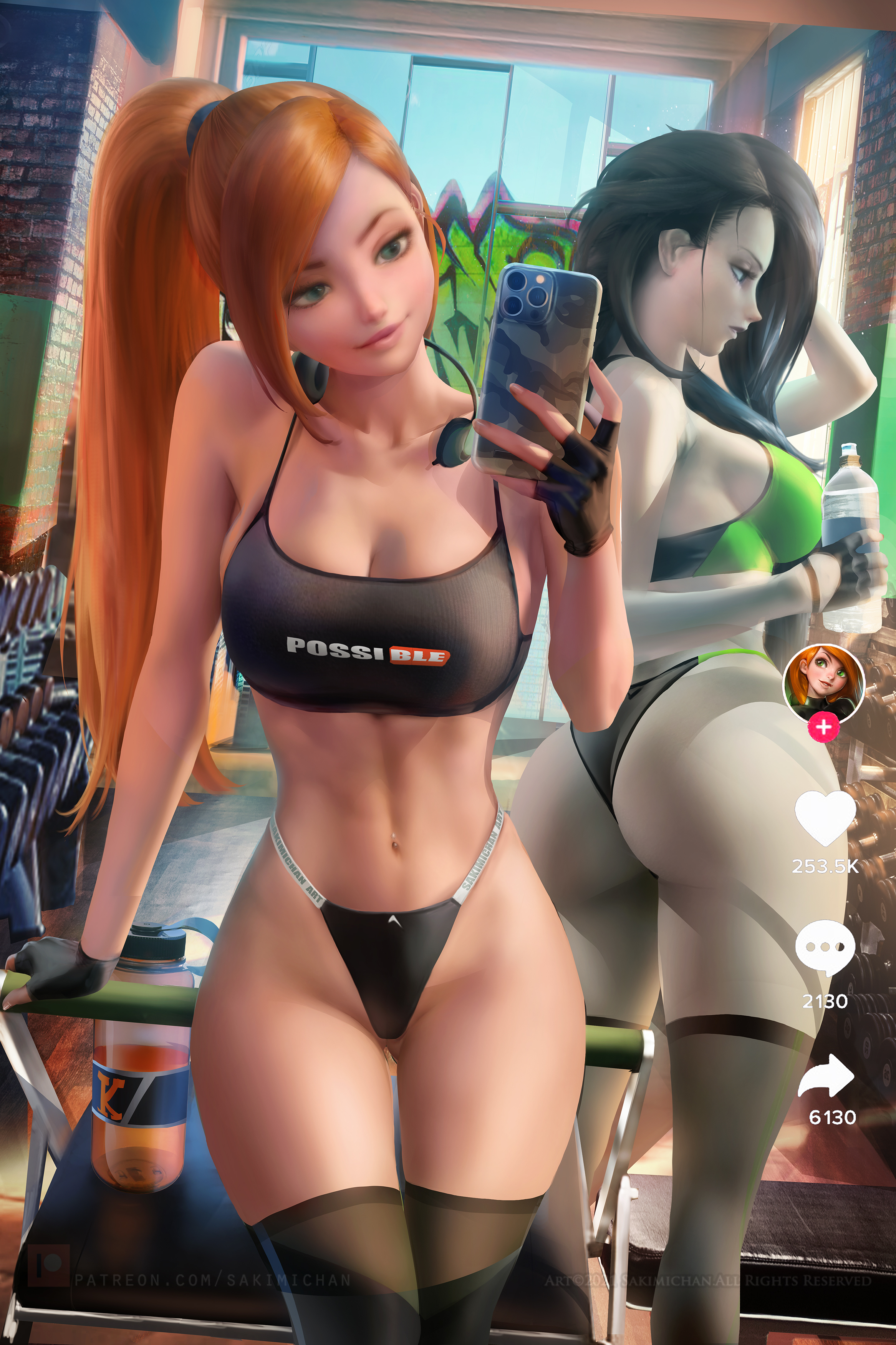2girls, ass, big breasts, breasts, bubble ass, bubble butt, disney, female, female only, gym, hourglass figure, kim possible, kimberly ann possible, large ass, multiple females, multiple girls, sakimichan, shego, tiktok, tiktok overlay
