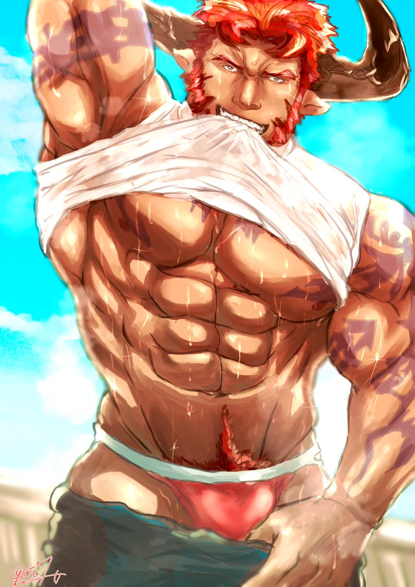 agielba animal_ears balls bara bulge bull_horns cow_boy cow_ears draph gay goatee granblue_fantasy horns male male_only muscles muscular musk oyatu55k penis shirt_in_mouth shirt_lift solo solo_male sweaty undressing