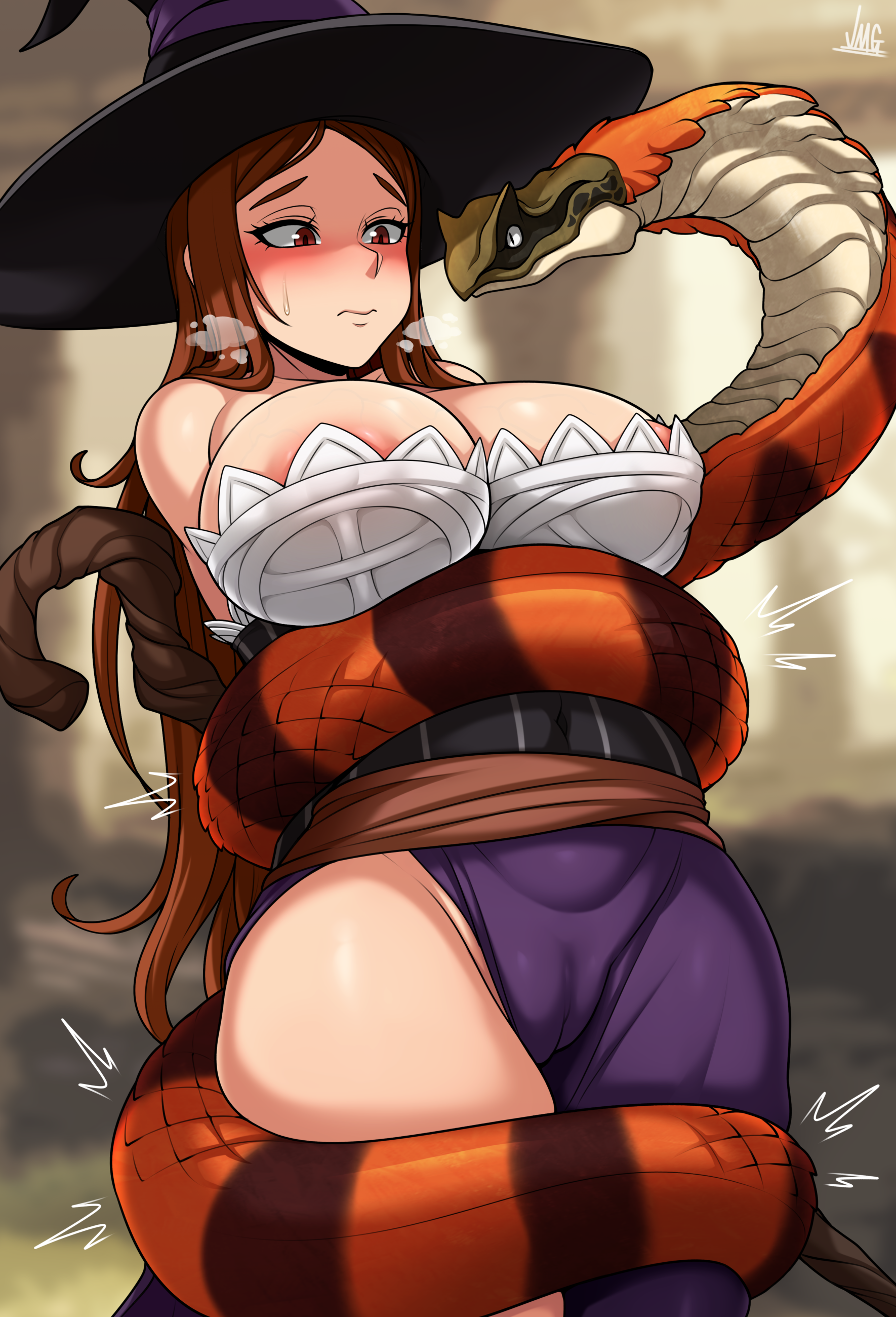 1girls, areola slip, artist signature, blush, bondage, breasts, brown hair, cameltoe, dragon's crown, erect nipples, female, jmg, large breasts, long hair, nipples, pussy, red eyes, snake, solo female, sorceress (dragon's crown), sweatdrop