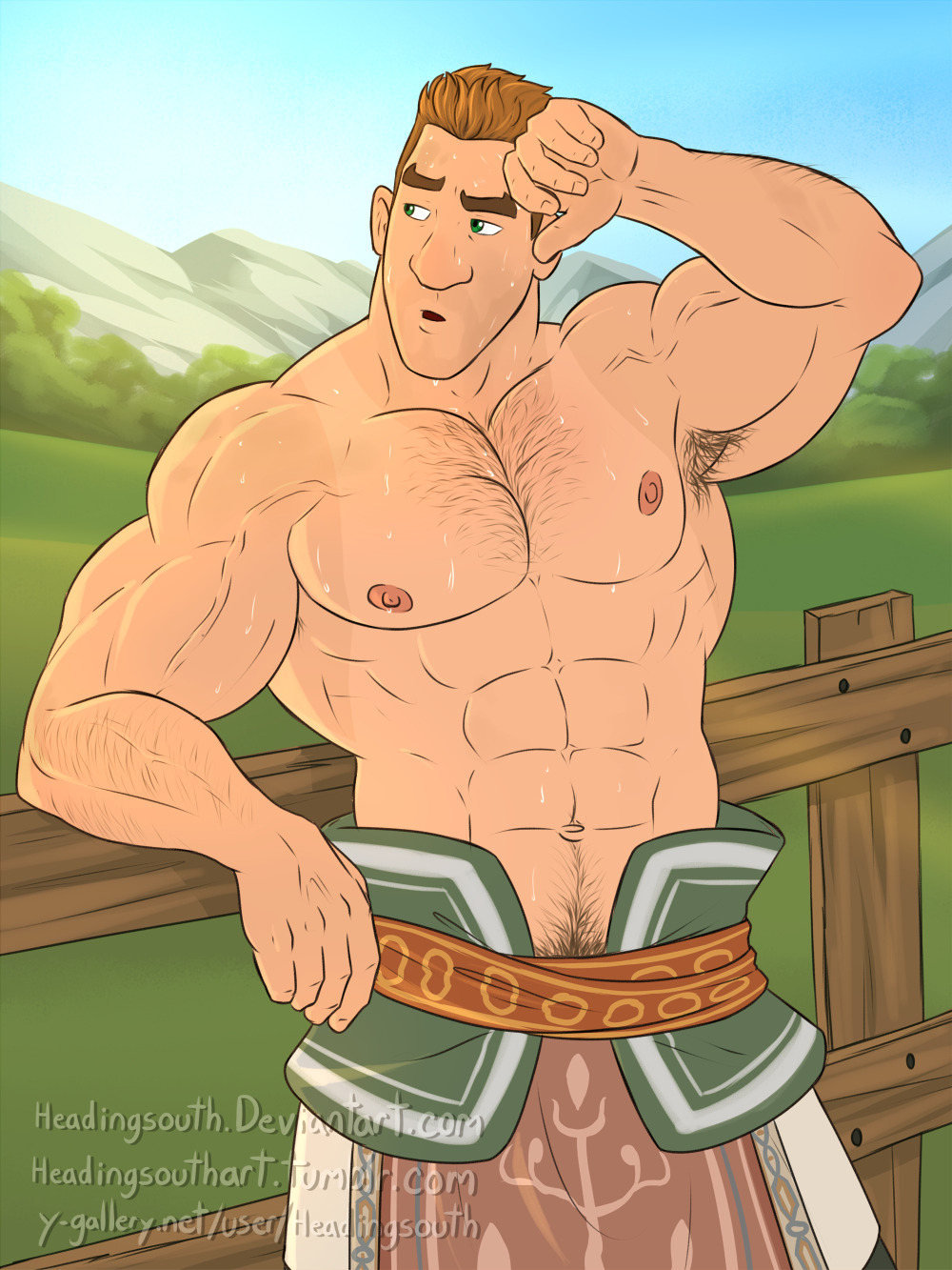 abs armpit_hair beefy brown_hair bulge chest_hair daddy deviantart_url fado_(twilight_princess) fence first_porn_of_character green_eyes hairy headingsouth leaning_on_fence male male_only manly muscles nintendo solo solo_male sweaty tanline the_legend_of_zelda the_legend_of_zelda:_twilight_princess tumblr_link twilight_princess y-gallery_url