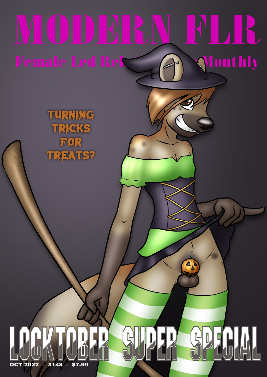 anthro anthro_only balls black_nose black_spots bottomwear broom brown_eyes brown_hair chastity_cage chastity_device cleaning_tool clothed clothing clothing_lift cover crossdressing danaume ear_piercing ear_stud english_text front_view genitals girly grin hair halloween hat headgear headwear hi_res holding_broom holding_cleaning_tool holding_object holidays hyaenid legwear locktober looking_at_viewer magazine_cover male mammal no_underwear pattern_clothing pattern_legwear pattern_stockings penis piercing presenting presenting_penis simple_background skirt skirt_lift slutty_clothing smile solo spots spotted_body standing stockings striped_clothing striped_legwear striped_stockings stripes tan_body teeth text witch_hat