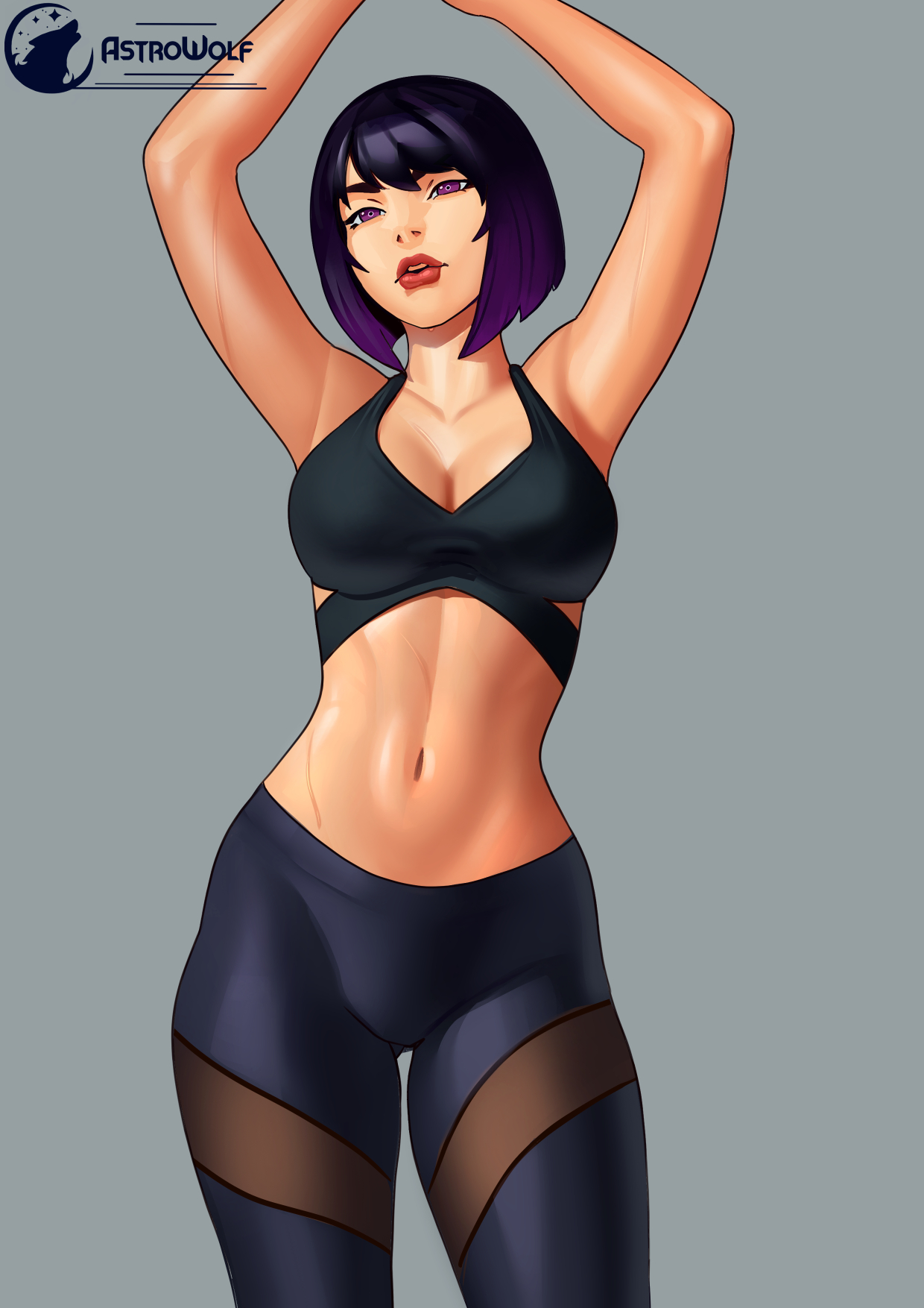 1girls, astrowolf, athletic, female, gym clothes, midriff, original character, pixie cut, red lipstick, short hair, sole female, sports bra, tights, toned, toned female, yoga pants