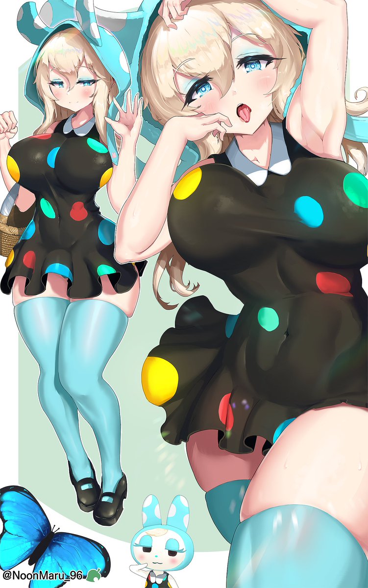 2020 animal_crossing armpits big_breasts blonde_hair blue_eyes breasts dress eyeliner francine_(animal_crossing) nintendo noonmaru_96 sticking_out_tongue thick_thighs thighhighs thighs