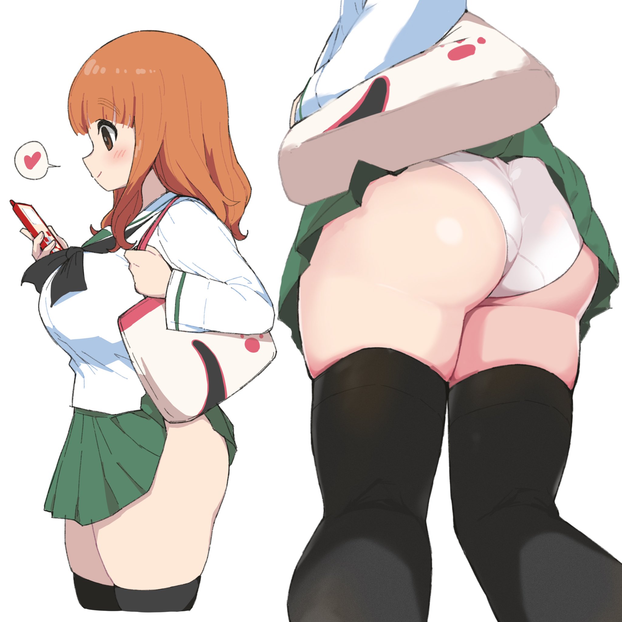 1girls, accidental exposure, ass, bag, big ass, big breasts, big butt, breasts, brown eyes, female, female only, girls und panzer, happy, legwear, long hair, low-angle view, microskirt, oblivious, orange hair, panties, phone, school uniform, schoolgirl, skirt, skirt lift, smile, spoken heart, standing, takebe saori, thick thighs, thighhighs, thighs, white panties, yabai gorilla