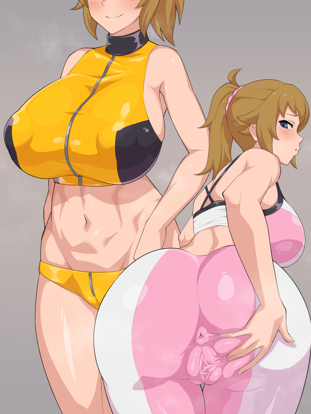 1girls, anus, ass, bending over, blue eyes, breasts, brown hair, clothed, clothed female, female, gundam, gundam build fighters, gundam build fighters try, hoshino fumina, huge ass, huge breasts, lancer24, medium hair, ponytail, pussy, sportswear, spread pussy, tight clothing