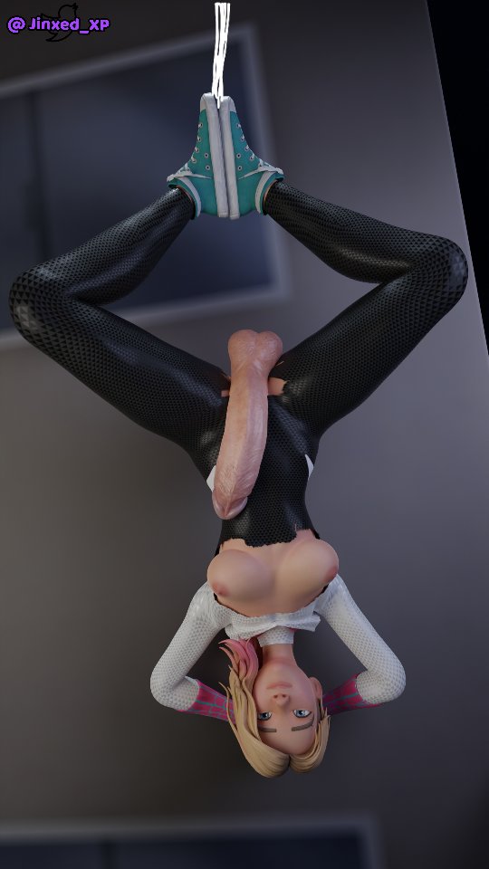1futa, 3d, balls, clothed, clothing, crotchless, dickgirl, erection, fortnite, fortnite: battle royale, futa only, futanari, gwen stacy, gwen stacy (spider-verse), hanging balls, hanging penis, human, intersex, jinxed xp, light skin, marvel, marvel comics, mostly clothed, penis, penis out, public, public nudity, ripped bodysuit, ripped clothes, ripped clothing, solo, upside-down