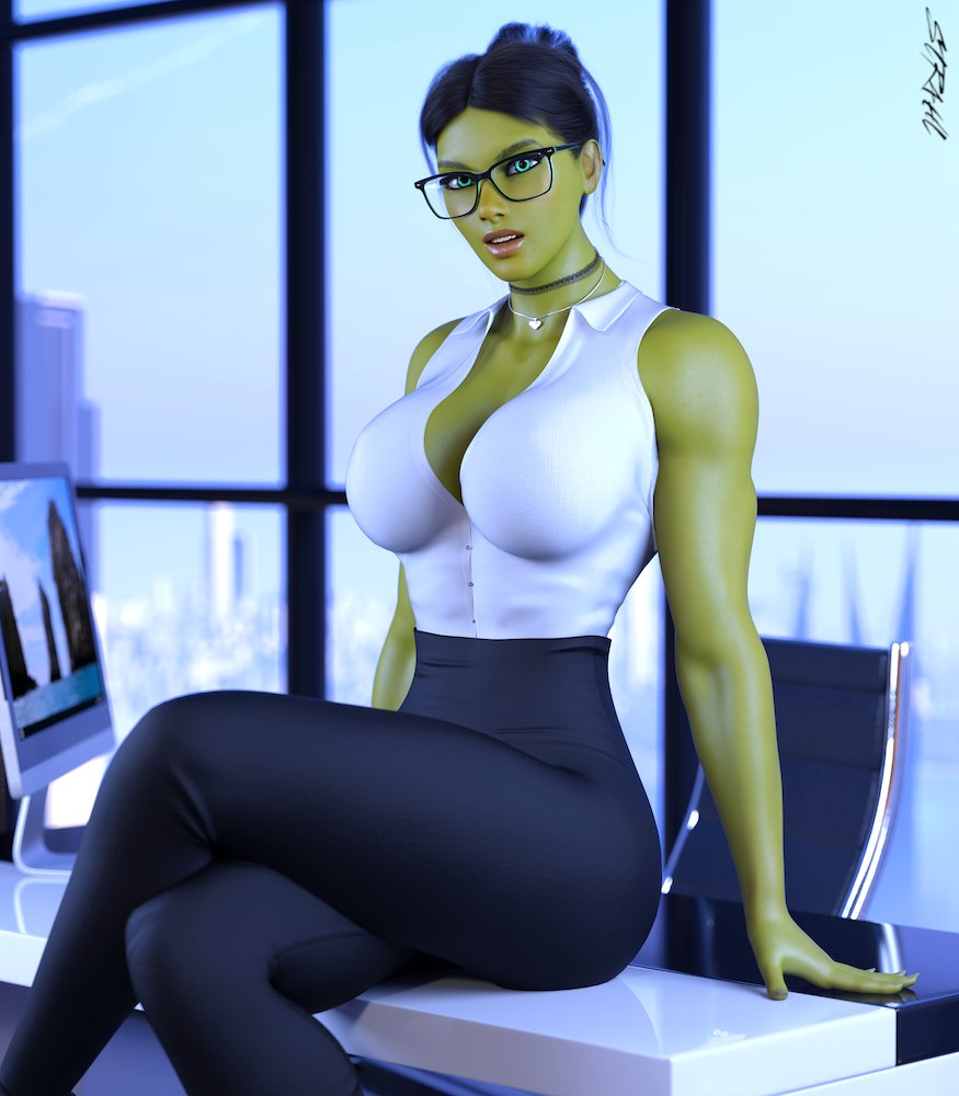 1girls, 3d, 3d (artwork), artist name, big breasts, black hair, breasts, choker, clothing, dress shirt, female, female only, glasses, green skin, green-skinned female, hair bun, hi res, hulk (series), large breasts, leggings, looking at viewer, marvel, marvel comics, necklace, office clothing, she-hulk, sitting, sleeveless blouse, solo, solo female, str4hl, tied hair