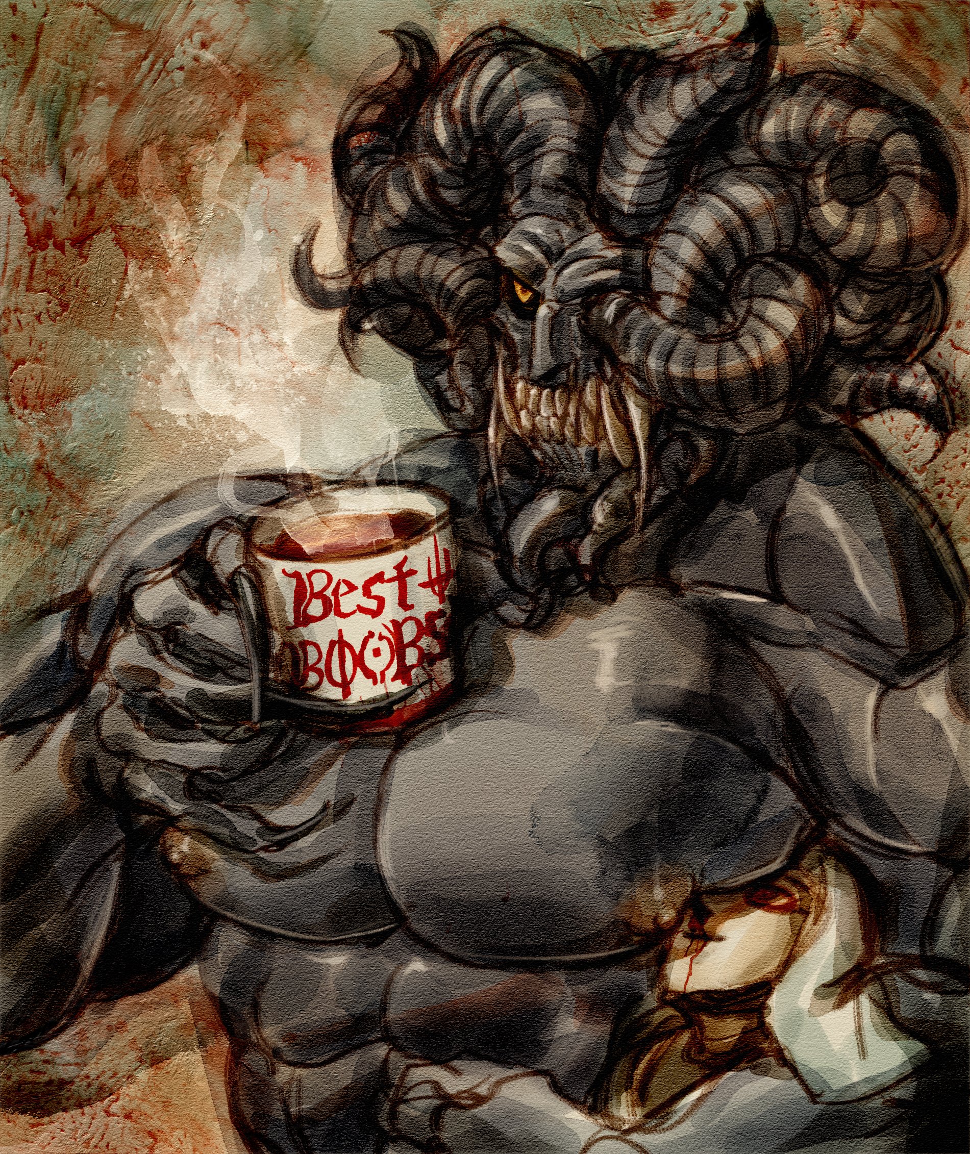 2boys, bara, big pecs, black body, black skin, claws, coffee mug, elden ring, fangs, fromsoftware, gay, horns, hug, hugging, male, male only, mohg lord of blood, monster, monstrous humanoid, muscular, muscular male, pec squish, pecs, sharp teeth, size difference, subliminalplums, tusks, white mask varré, worship, yaoi