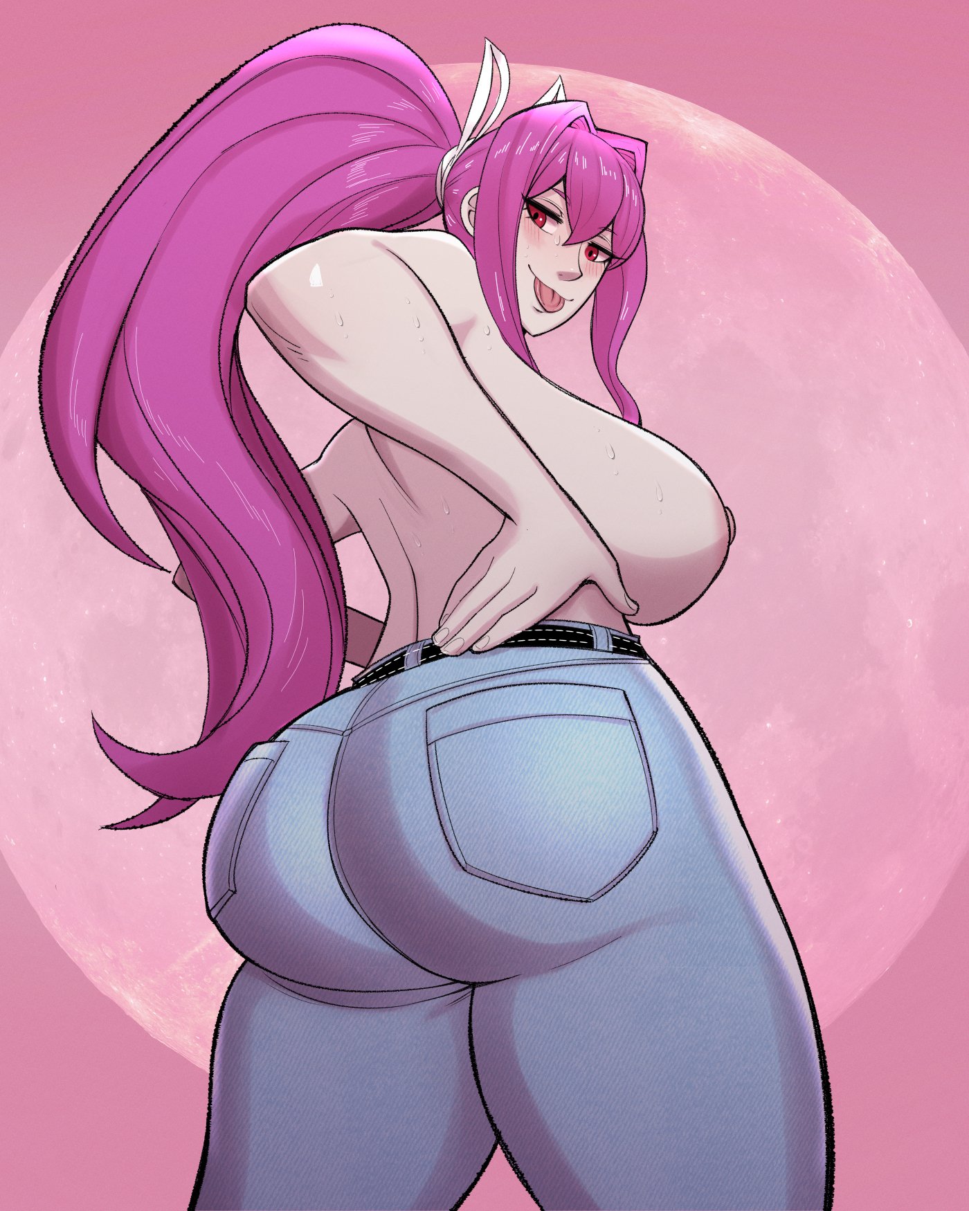 1girls, ass, big ass, breasts, bubble ass, bubble butt, clothing, fat ass, female, female only, higher resolution available, jeans, joylewds, large ass, looking at viewer, looking back, nipples, pants, pink hair, red eyes, solo, thick ass, thick thighs, tongue, tongue out, topless, under night in-birth, wide hips, yuzuriha (under night in-birth)