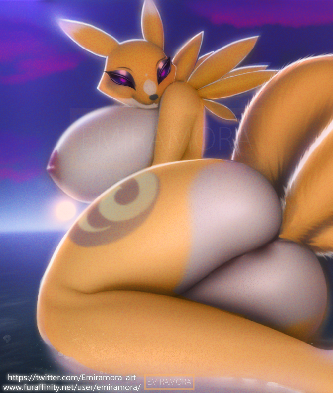 anthro ass bandai_namco barely_visible_genitalia barely_visible_pussy big_breasts big_butt breasts digimon digimon_(species) emiramora female fur genitals looking_at_viewer looking_back looking_back_at_viewer pussy renamon solo text url yellow_body yellow_fur