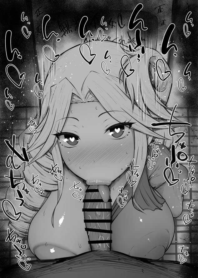 :>=, 1boy, 1girls, bar censor, big breasts, blowjob, breasts, censor bar, censored, censored penis, fellatio, female, female focus, greyscale, heart-shaped pupils, japanese text, kanji, kurotama, lakyus alvein dale aindra, male, monochrome, oral, overlord (maruyama), penis, straight