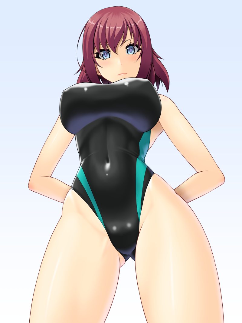 1girls 2022 abu arms_behind_back ass ass_visible_through_thighs blue_eyes blush breasts competition_swimsuit from_below looking_at_viewer one-piece_swimsuit original red_hair short_hair standing swimsuit tagme thighs tight_swimsuit underboob