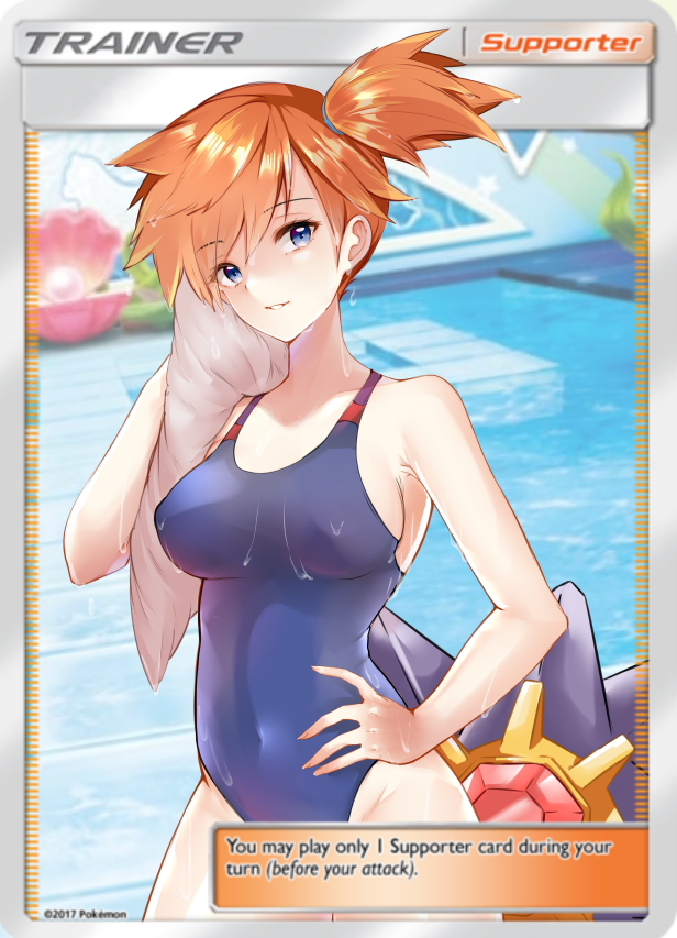 1girls adapted_costume armpits asymmetrical_hair bangs bare_legs bikini blue_eyes blue_swimsuit breasts card covered_navel cowboy_shot eyelashes female game_freak gen_1_pokemon gym_leader hair_tie huge_breasts kasumi_(pokemon) large_breasts legs navel nintendo nipples one-piece_swimsuit orange_hair platinette pokemon pokemon_(anime) pokemon_(game) pokemon_card pokemon_frlg pokemon_rgby pokemon_trading_card_game ponytail red_hair shirt short_hair shorts side_ponytail solo starmie swimsuit tcg thighs tied_hair trading_card water