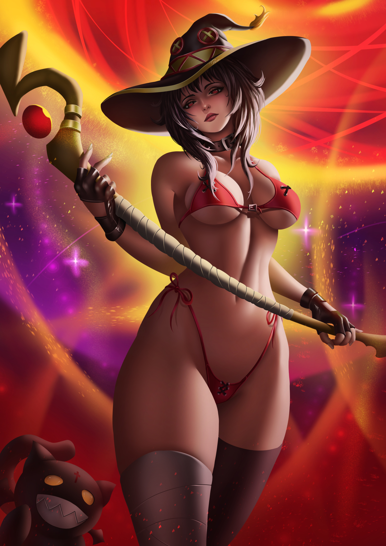 1girls, aged up, alternate version available, armwear, bandage, bandaged leg, big breasts, bikini, bikini bottom, bikini top, breasts, brown hair, cleavage, feline, female, female only, hair, hat, headwear, holding staff, kono subarashii sekai ni shukufuku wo!, lips, megumin, neckwear, red bikini, red eyes, smile, solo, solo focus, staff, swimsuit, swimsuit aside, thick lips, thick thighs, thighhighs, thighs, tiosam, witch hat