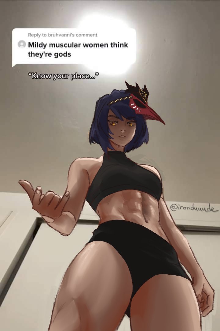 1girls abs female female_only genshin_impact gym_clothes gym_shorts irondude know_your_place kujou_sara light-skinned_female light_skin low-angle_view meme mildly_muscular_woman muscular muscular_female thick_thighs