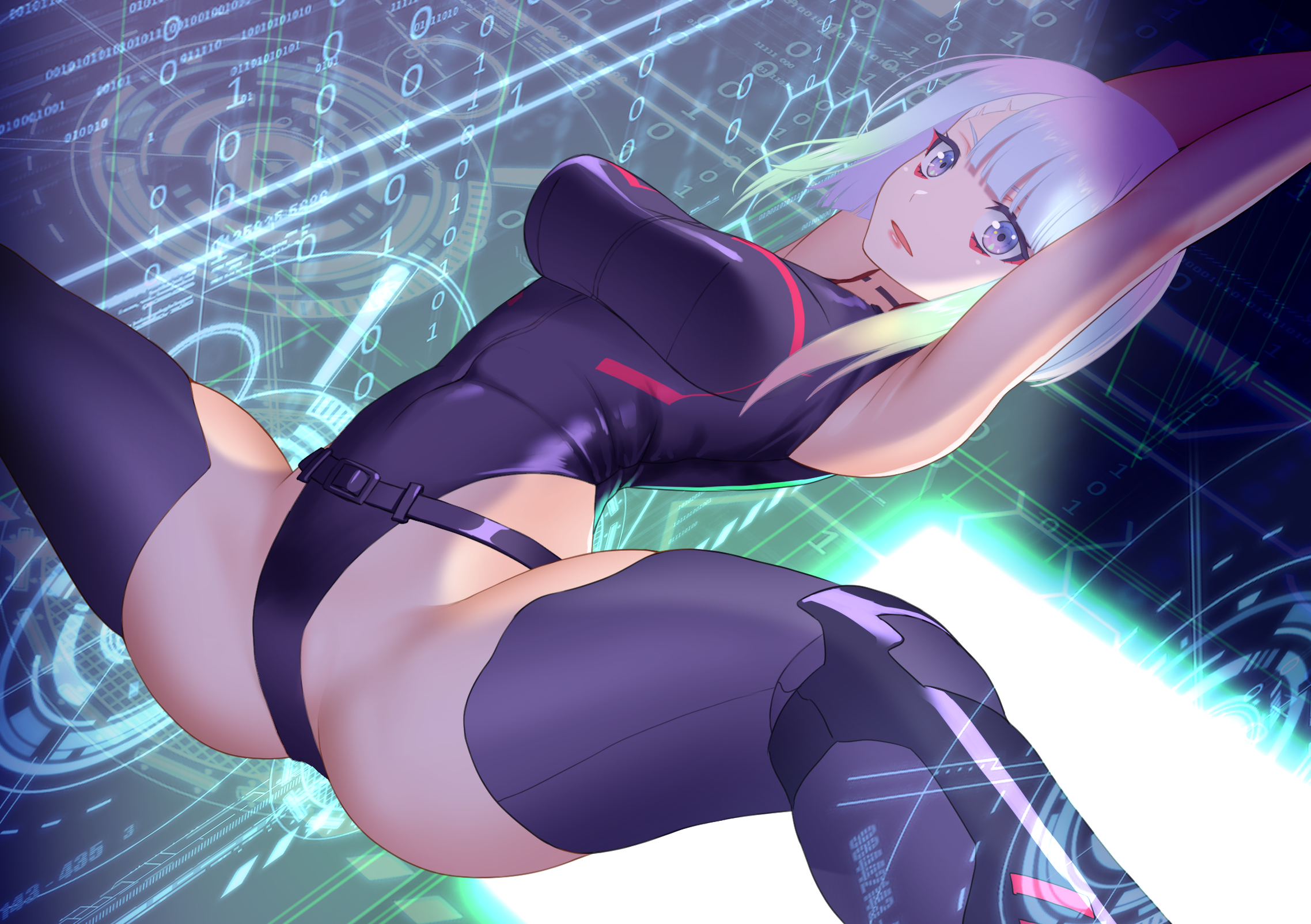armpits, arms up, ass, big ass, big breasts, breasts, cd projekt red, consome2021, cyberpunk 2077, cyberpunk: edgerunners, female, female only, leotard, light skin, light-skinned female, lucyna kushinada, netflix, small ass, small eyebrows, small nose1girls, studio trigger, thick thighs, white hair