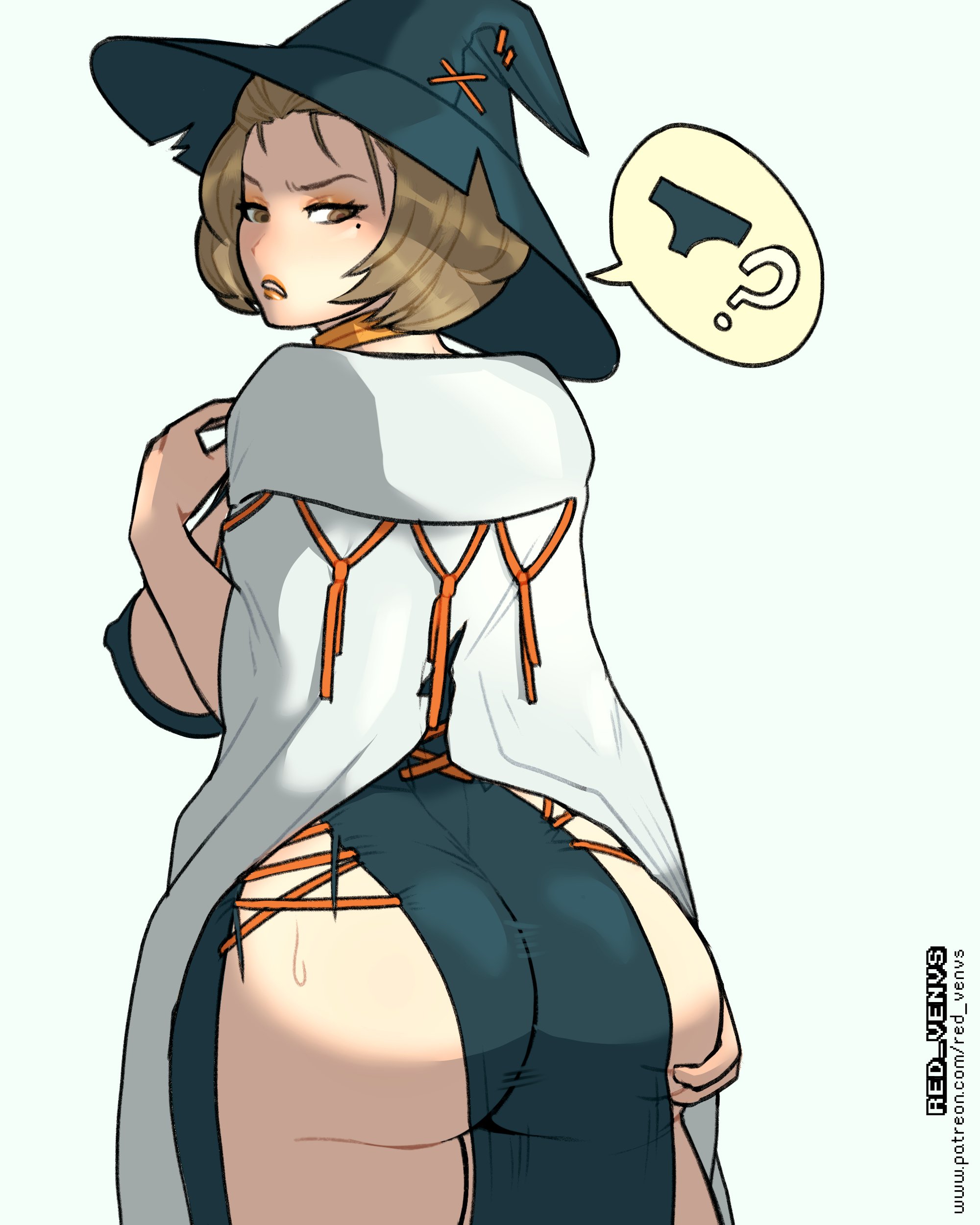 ?, 1girls, adapted costume, alternate costume, angry, annoyed, ass, bare thighs, beauty mark, big ass, big breasts, big butt, breasts, confusion, covered nipples, eyeshadow, female, female only, fire emblem, fire emblem: three houses, frown, halloween, halloween costume, hat, large ass, light skin, lipstick, makeup, manuela casagranda, mature, mature female, mole, mole under eye, nintendo, no panties, orange eyeshadow, orange lips, orange lipstick, pelvic curtain, redvenus, short hair, sideboob, solo, standing, sweat, thick thighs, thighs, witch, witch hat