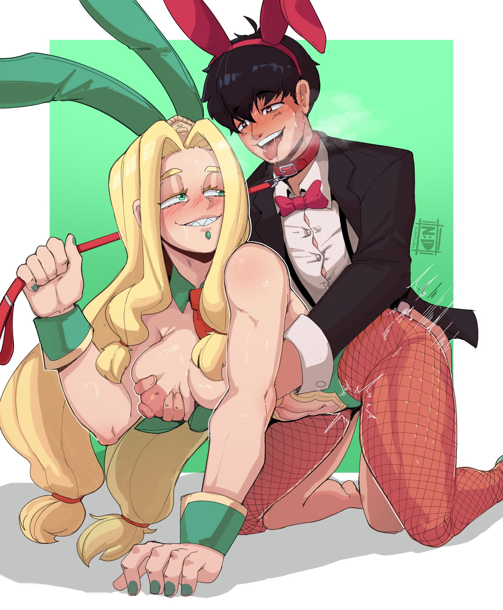 1boy, 1girls, arash (fate), blonde hair, bunny boy, bunny ears, bunny girl, bunnysuit, doggy style, fate (series), fate/grand order, female, latino male, leash, light skin, light-skinned female, male, muscular, muscular female, nudiedoodles, original character, pale skin, pale-skinned female, quetzalcoatl (fate), sharp teeth, smile, smirk