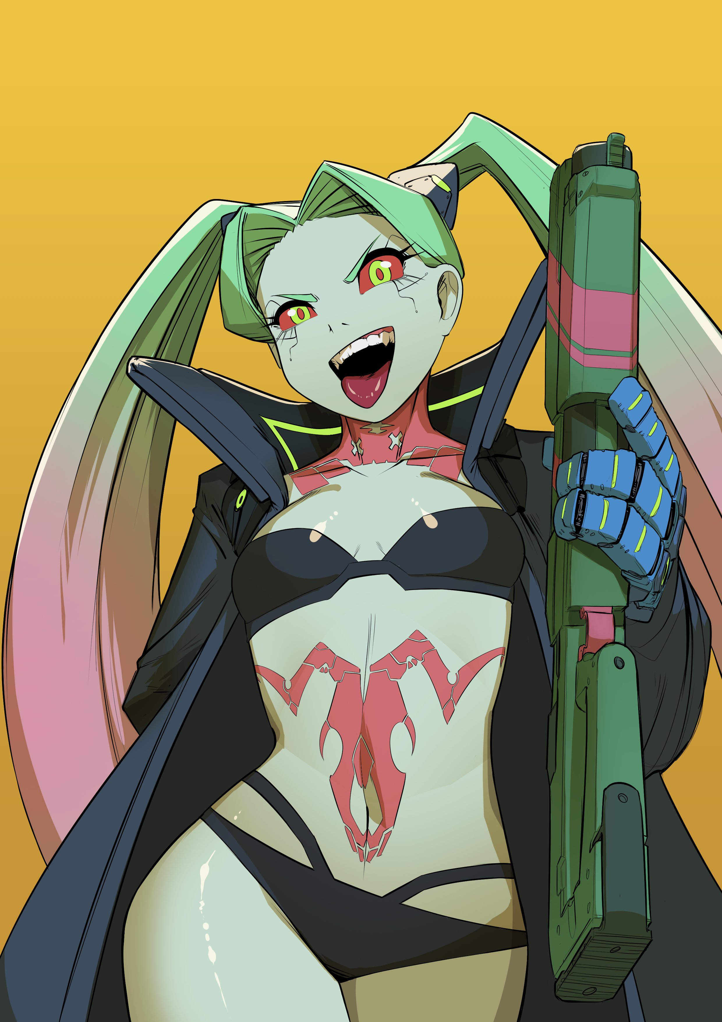 1girls, breasts, cd projekt red, cyberpunk 2077, cyberpunk: edgerunners, female, female only, gun, looking at viewer, netflix, panties, rebecca (edgerunners), small breasts, studio trigger, the robot boy, thick thighs, tongue, tongue out, twintails, underwear, weapon