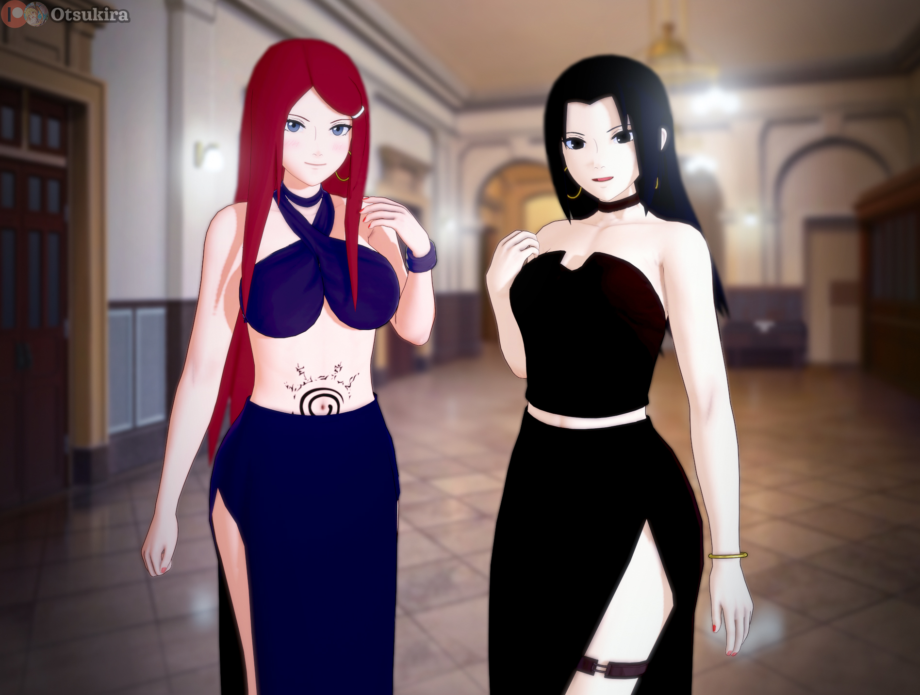 2girls, 3d, alternate costume, armwear, bare arms, bare legs, bare midriff, bare shoulders, bare thighs, belly, black dress, black eyes, black hair, bracelet, choker, clothed, clothed female, clothing, curvaceous, curvy, curvy female, curvy figure, dress, earrings, female, female only, fully clothed, hallway, hoop earrings, hourglass figure, indoors, jewelry, koikatsu, leg strap, looking at viewer, mature, mature female, midriff, milf, mother, multiple females, multiple girls, nail polish, naruto, naruto (series), naruto shippuden, no bra, no underwear, otsukira, purple dress, purple eyes, red hair, revealing clothes, revealing dress, skimpy, skimpy clothes, stomach, stomach tattoo, take your pick, thighs, uchiha mikoto, uzumaki kushina, very long hair, wide hips