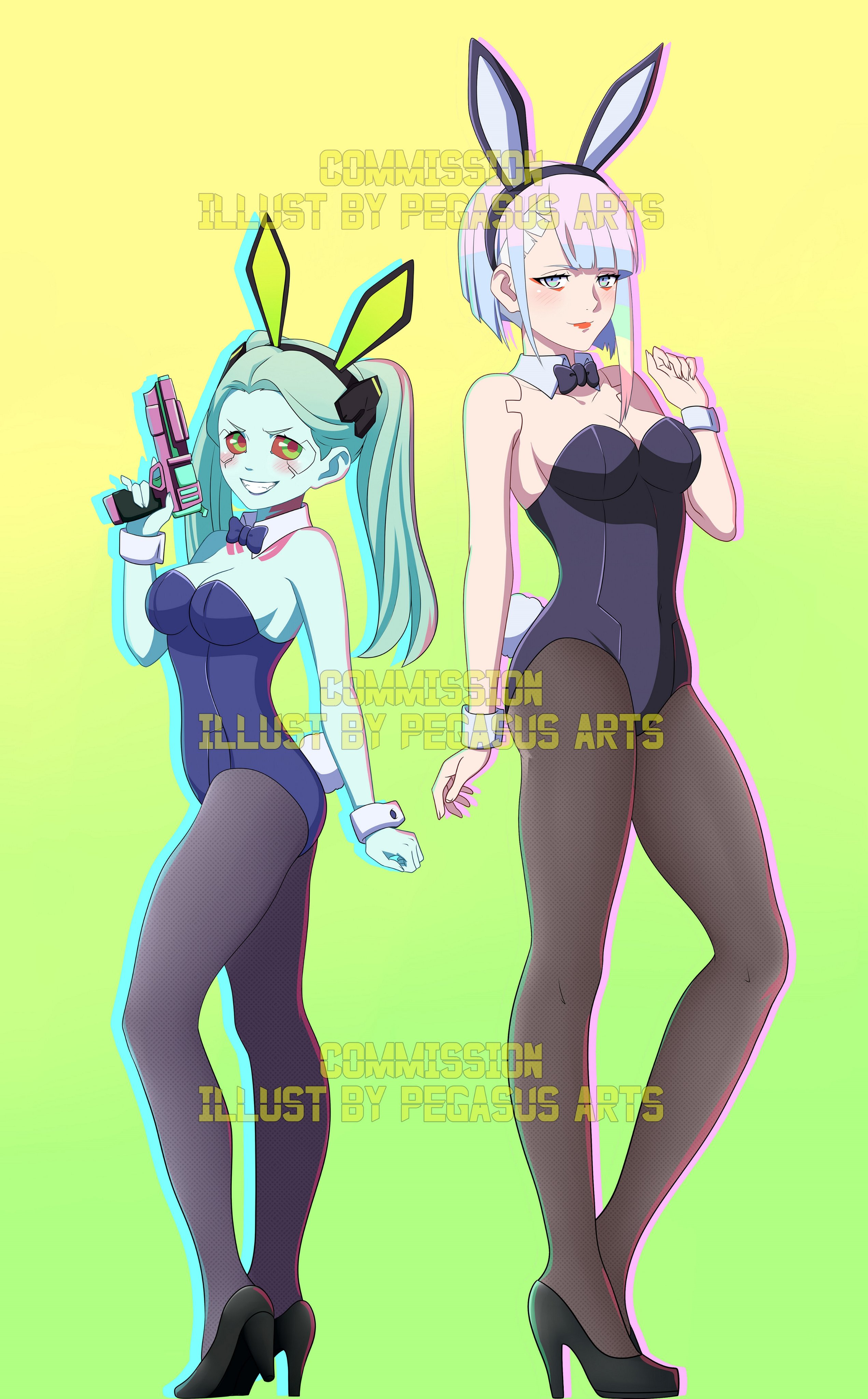 2girls, bunny ears, bunnysuit, cd projekt red, cyberpunk 2077, cyberpunk: edgerunners, female, female only, firearm, gun, handgun, heels, high heels, human, light skin, light-skinned female, lucyna kushinada, netflix, pale skin, pantyhose, pegasusarts, rebecca (edgerunners), studio trigger, weapon
