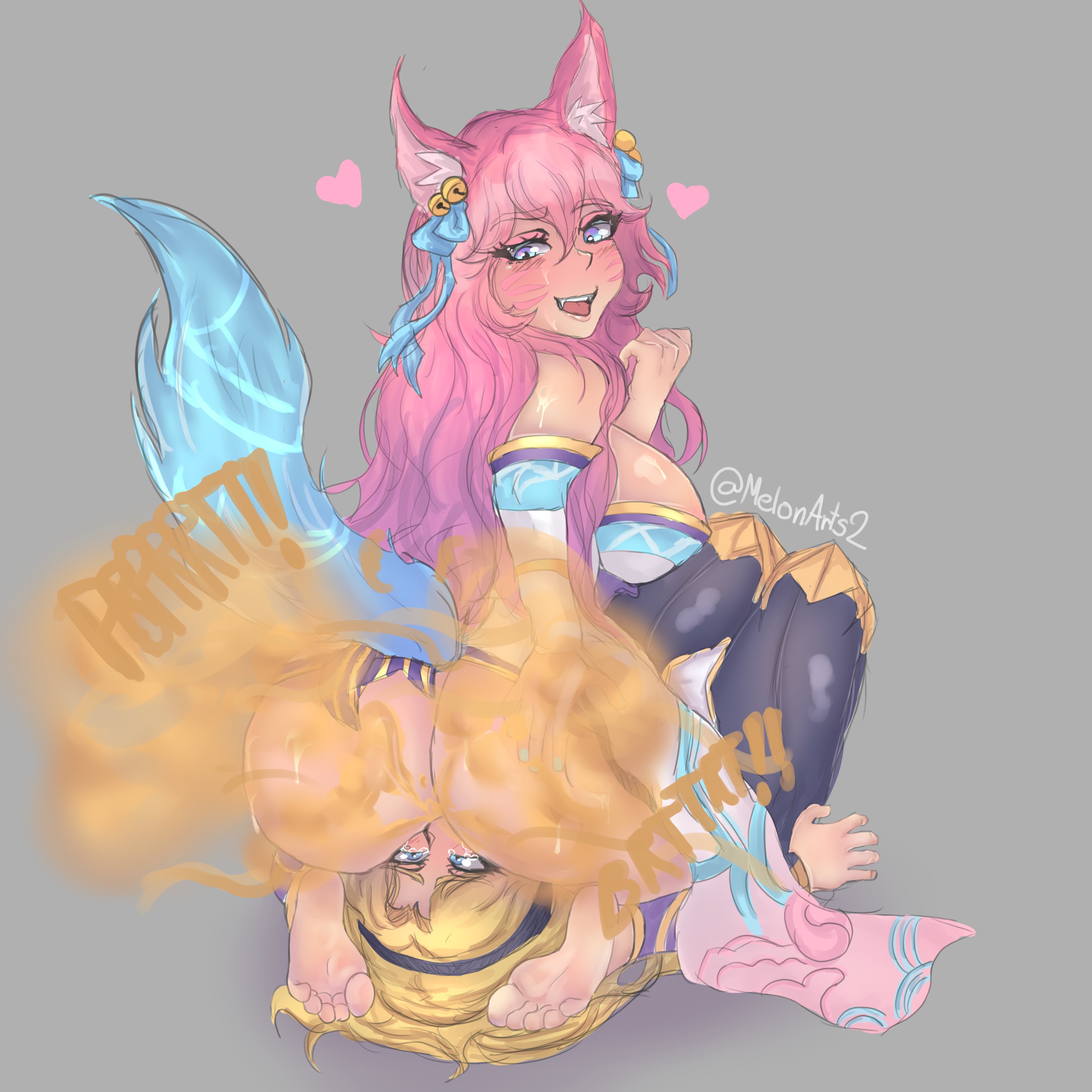 ahri, ass, duo, facesitting, fart, fart fetish, female, league of legends, luxanna crownguard, melonarts2 (artist), riot games, smelly ass, smile, spirit blossom ahri, spirit blossom series, sweat, sweaty, sweaty ass, sweaty butt