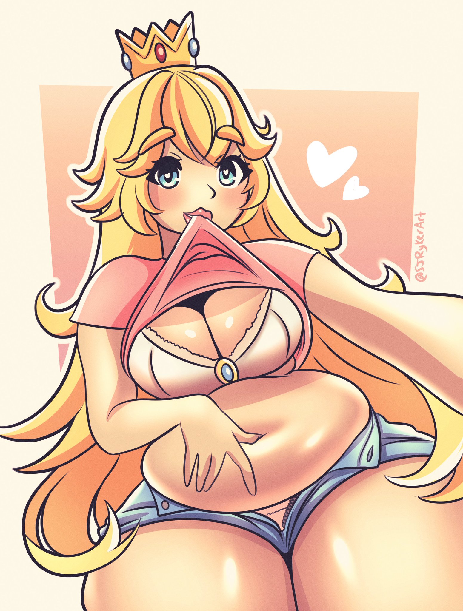 1girls, 2020s, 2022, big breasts, big thighs, blue eyes, blush, breasts, chubby, chubby female, crown, female, female only, huge breasts, huge thighs, long hair, make up, makeup, mario (series), nintendo, pink lips, pink lipstick, princess peach, selfie, shiny breasts, shiny hair, shiny skin, shorts, showing off, sjrykerart, solo, thick thighs, thighs, tight clothes, tight clothing, tight shorts, twitter username