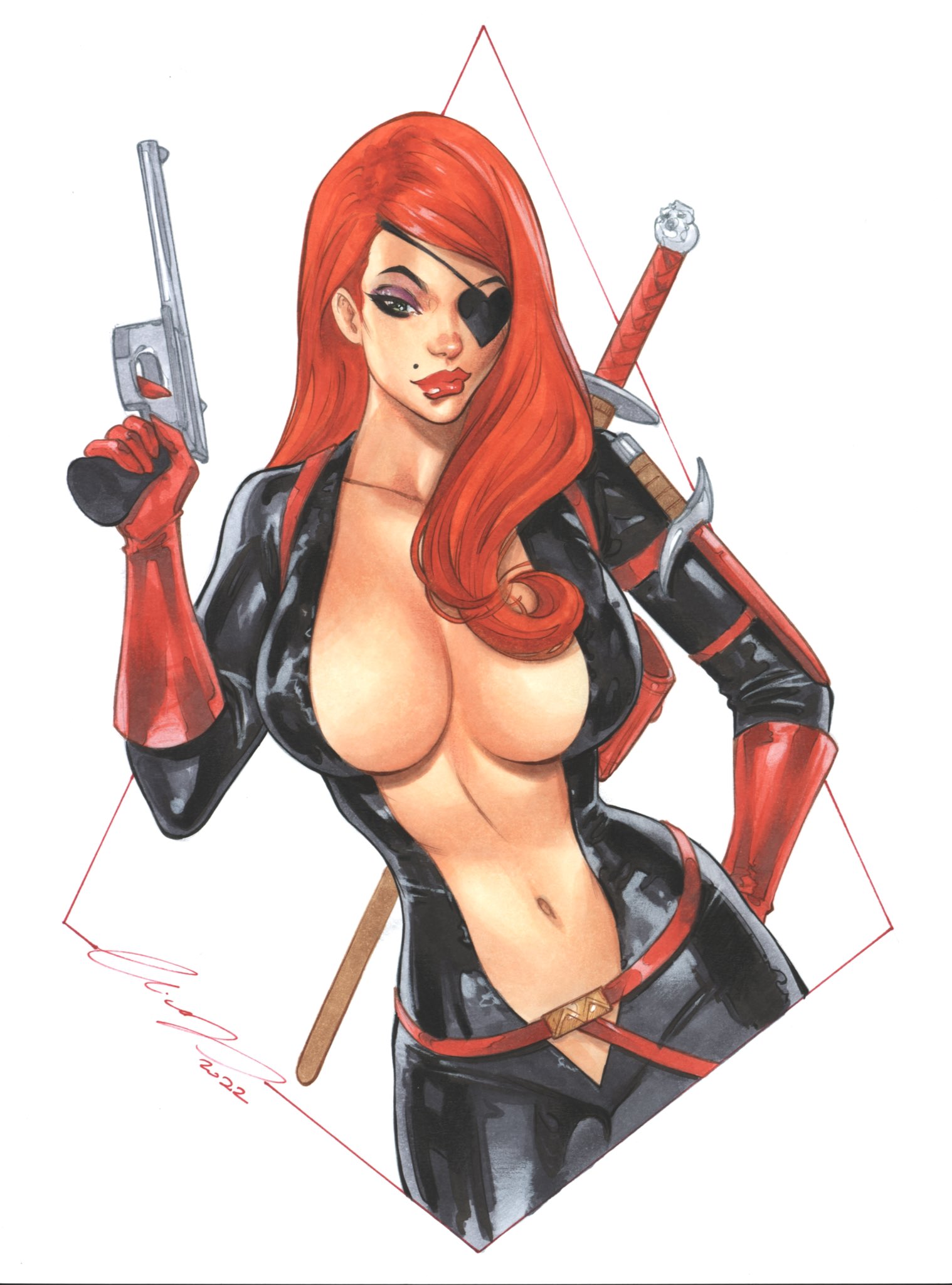 1girls, 2022, 2d, 2d (artwork), artist signature, assassin, big breasts, black eyepatch, breasts, cleavage, elias chatzoudis, eyepatch, female, female only, gun, human, latex suit, long hair, looking at viewer, molotov cocktease, no bra, pistol, red hair, red lipstick, russian, russian female, skin tight, solo, solo female, sword, upper body, venture brothers, weapon, weapons