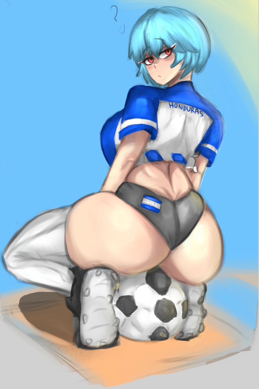 1girls, ass, ass focus, big ass, big breasts, big butt, breasts, caitdrawsstuff2, curvaceous, curvy body, curvy female, curvy figure, female, female only, football, football uniform, huge ass, looking back, lying on ball, neon genesis evangelion, rei ayanami, sitting, sitting on ball, solo, solo female, spread legs, squatting, thick thighs, tiptoes, uniform, voluptuous, wide hips