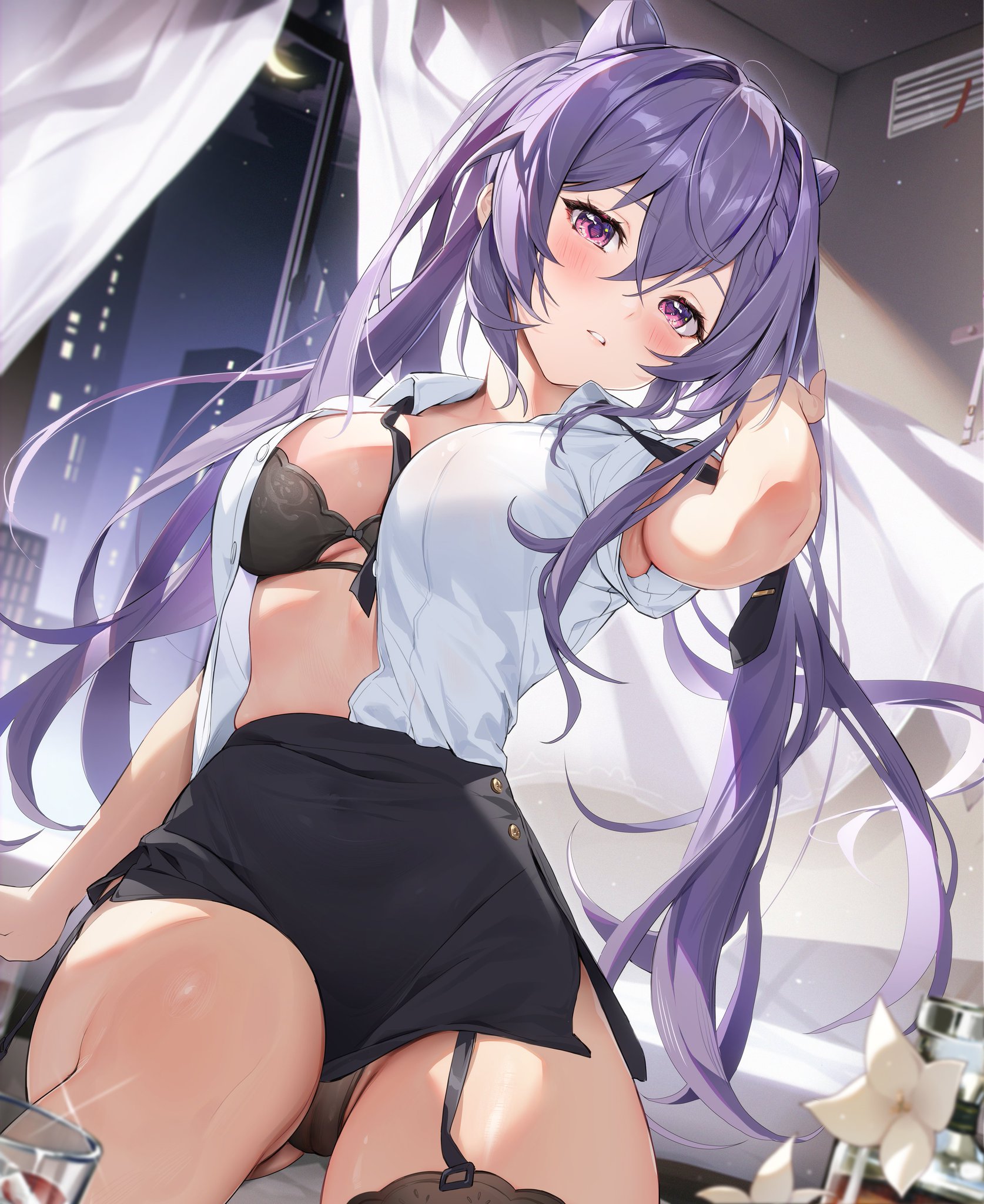 1girls, female, genshin impact, higher resolution available, houkiboshi (mmjw7432), indoors, keqing (genshin impact), light skin, light-skinned female, long hair, mihoyo, open shirt, pink eyes, purple hair, solo