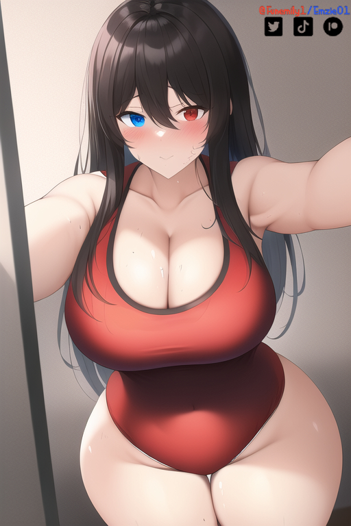 ai generated, artist self-insert, blue eyes, breasts, cleavage, emzie01, female, funemily1, heterochromia, large breasts, long hair, looking at viewer, nai diffusion, pov, red eyes, selfie, stable diffusion, sweat, sweating, swimsuit, tagme, thick thighs, watermark