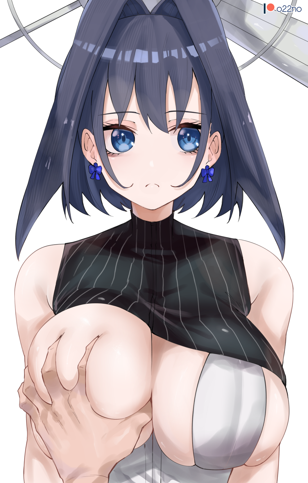 1boy, 1girls, big breasts, blue eyes, blue hair, breast grab, breast squeeze, breast squish, breasts, cleavage, female, hololive, hololive english, hololive english -council-, hololive english -promise-, looking away, male, o22no, ouro kronii, simple background, upper body, virtual youtuber