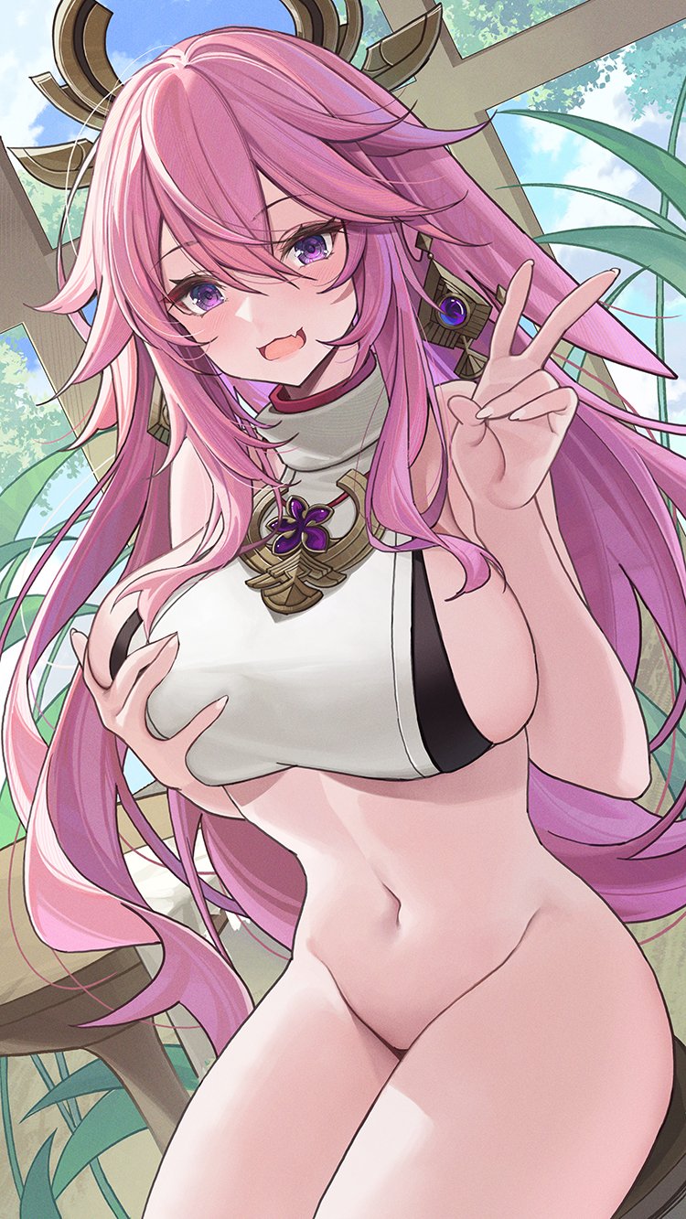 animal_ears bangs bare_shoulders blush bottomless breast_hold breasts catsmoon cowboy_shot earrings female fox_ears genshin_impact groin hair_between_eyes hair_ornament highres jewelry large_breasts long_hair looking_at_viewer navel oerba_yun_fang pink_hair plant purple_eyes sidelocks sitting solo stomach table thighs v yae_miko