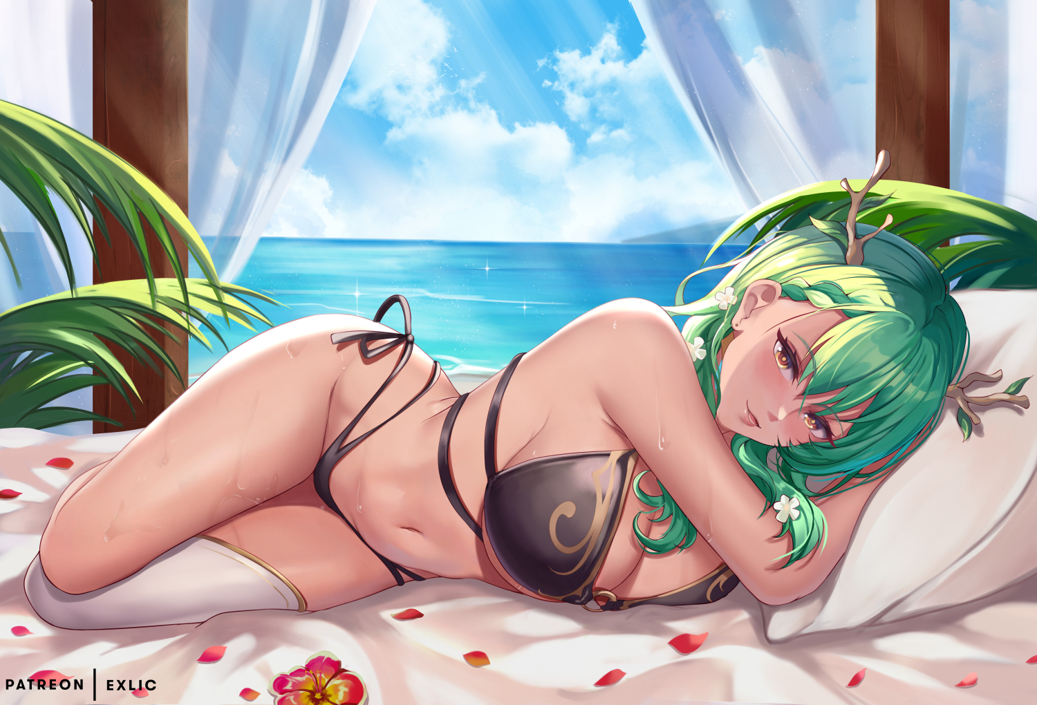 1girls, antlers, big breasts, black underwear, blush, breast press, breast squeeze, breasts, ceres fauna, cleavage, exlic, female, female only, flower, flower in hair, flower petals, flowers, flowers in hair, green hair, hololive, hololive english, hololive english -council-, hololive english -promise-, hotel, hotel room, large breasts, laying down, laying on bed, laying on side, light skin, light-skinned female, looking at viewer, ocean, one stocking, small waist, solo, solo female, thick thighs, tropical, vacation, virtual youtuber, wet, wide hips, window, yellow eyes