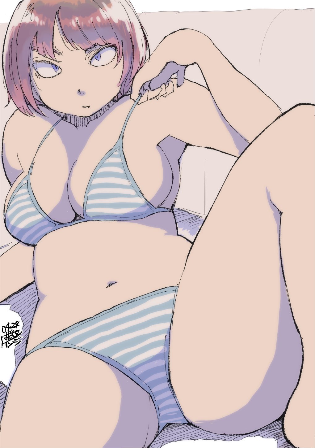 1girls 2022 artist_signature bare_shoulders blue_eyes bra chubby cleavage deep_cleavage female female_only hadashi_no_kenji japanese_text original original_character panties red_hair shimapan sideboob solo solo_female thick_thighs thighs