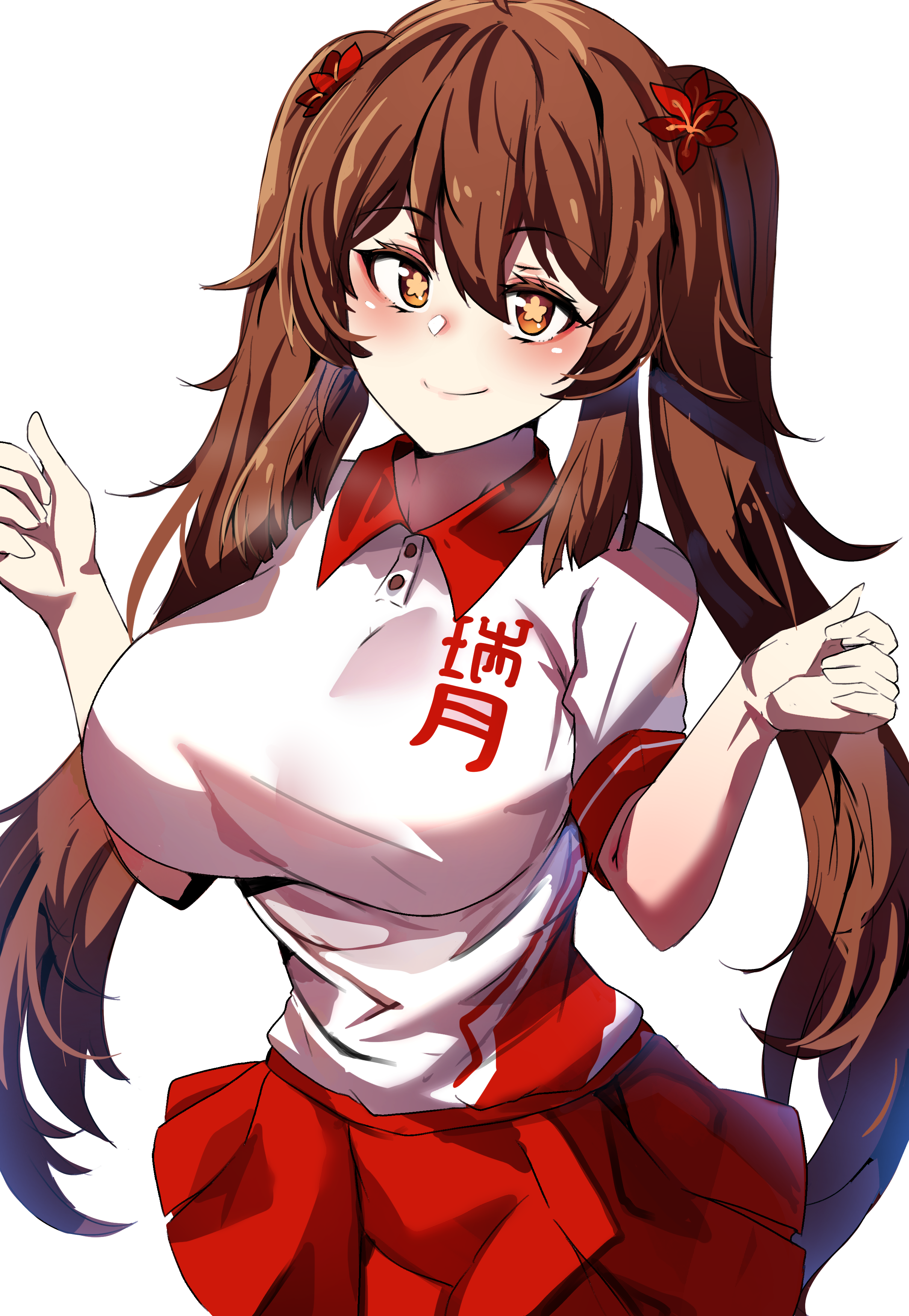 1girls, big breasts, blush, breasts, brown hair, busty, female, genshin impact, hinghoi, hu tao (genshin impact), huge breasts, human, large breasts, simple background, star-shaped pupils, twintails, voluptuous, white background