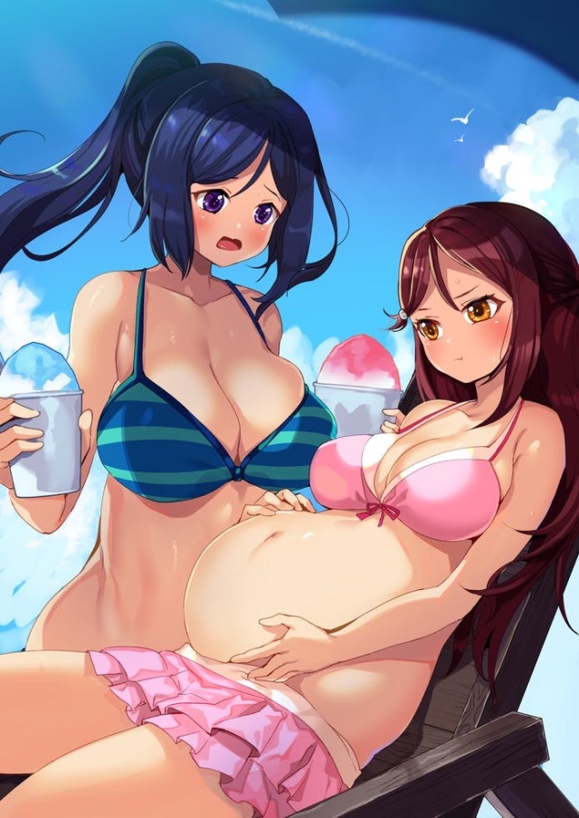 2girls belly_button big_belly big_breasts bikini blue_hair blush cleavage long_hair love_live! love_live!_school_idol_project love_live!_sunshine!! matsuura_kanan ponytail pouting pregnant purple_eyes red_hair sakurauchi_riko skirt supine sweat swimsuit thighs yellow_eyes